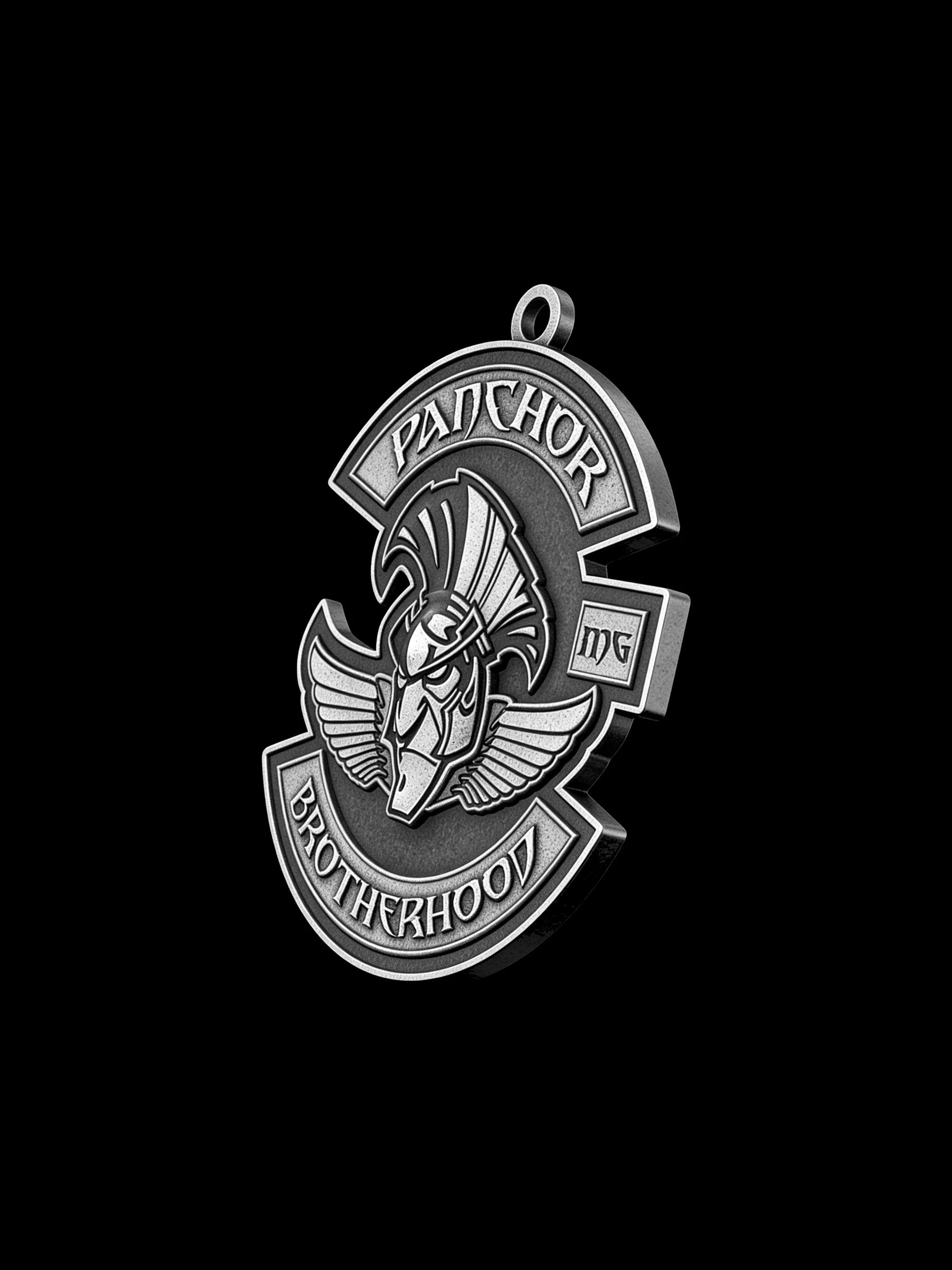 Custom horned bull motorcycle club pendant craftsmanship reference, three quarter view