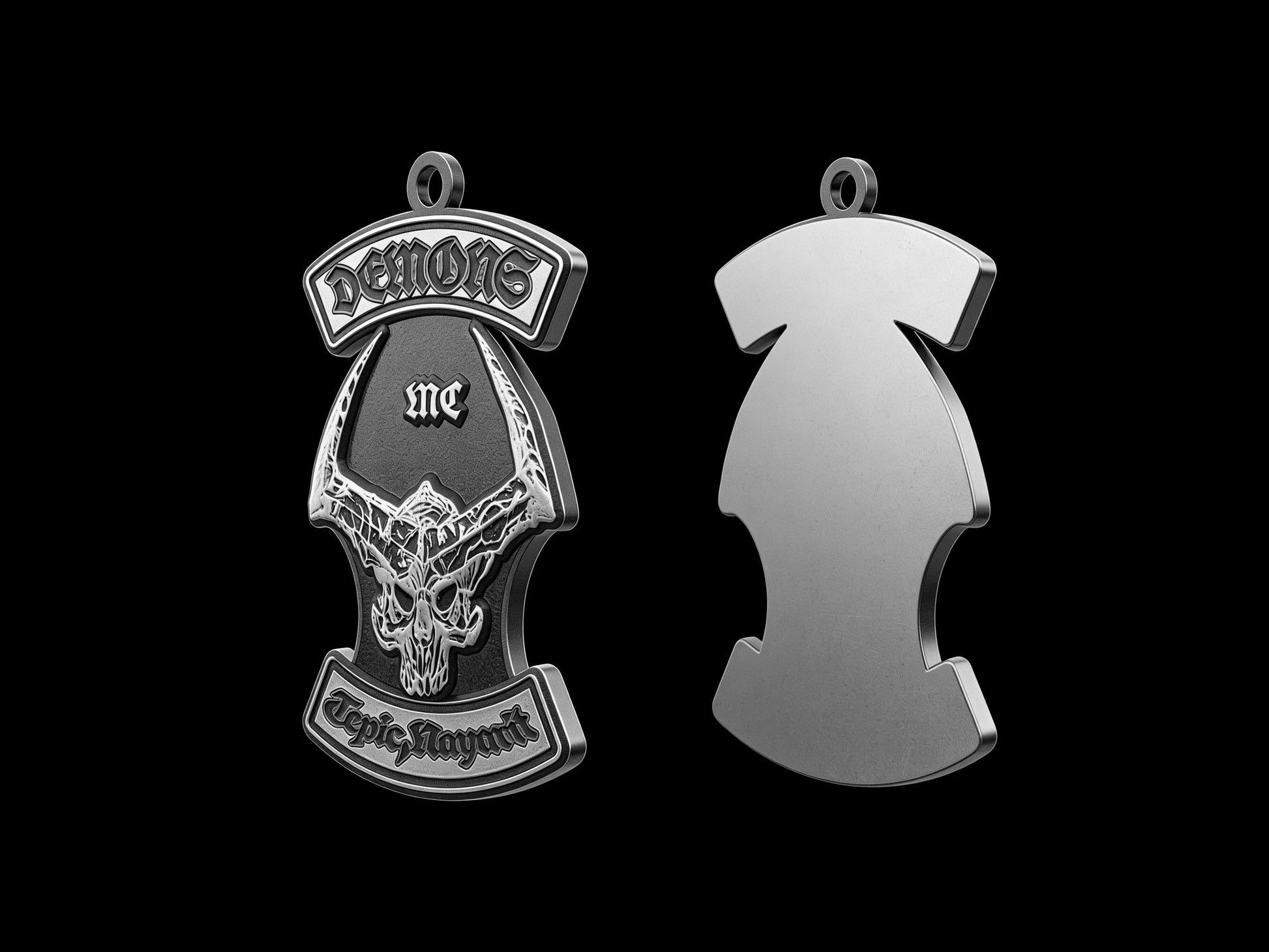 Custom horned skull motorcycle club pendant craftsmanship reference, back and front