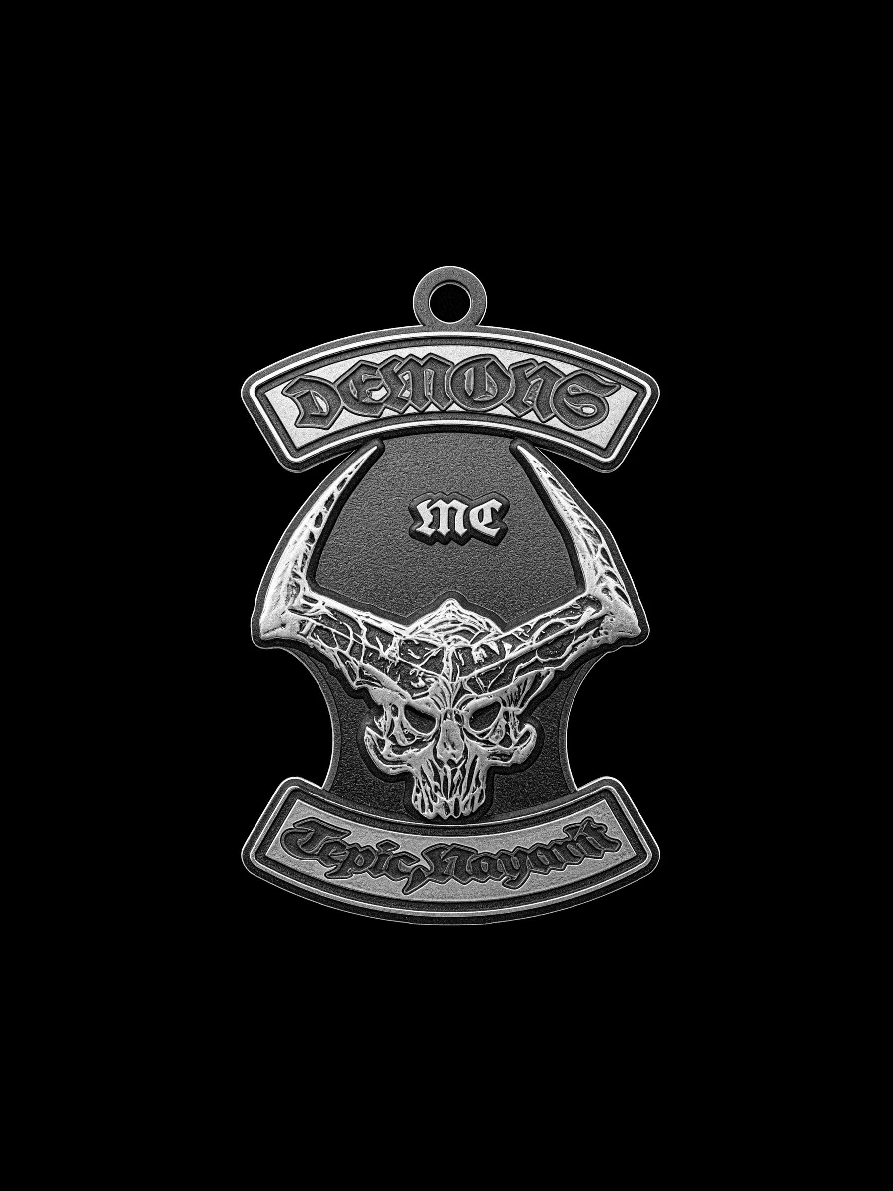 Custom horned skull motorcycle club pendant craftsmanship reference, front view