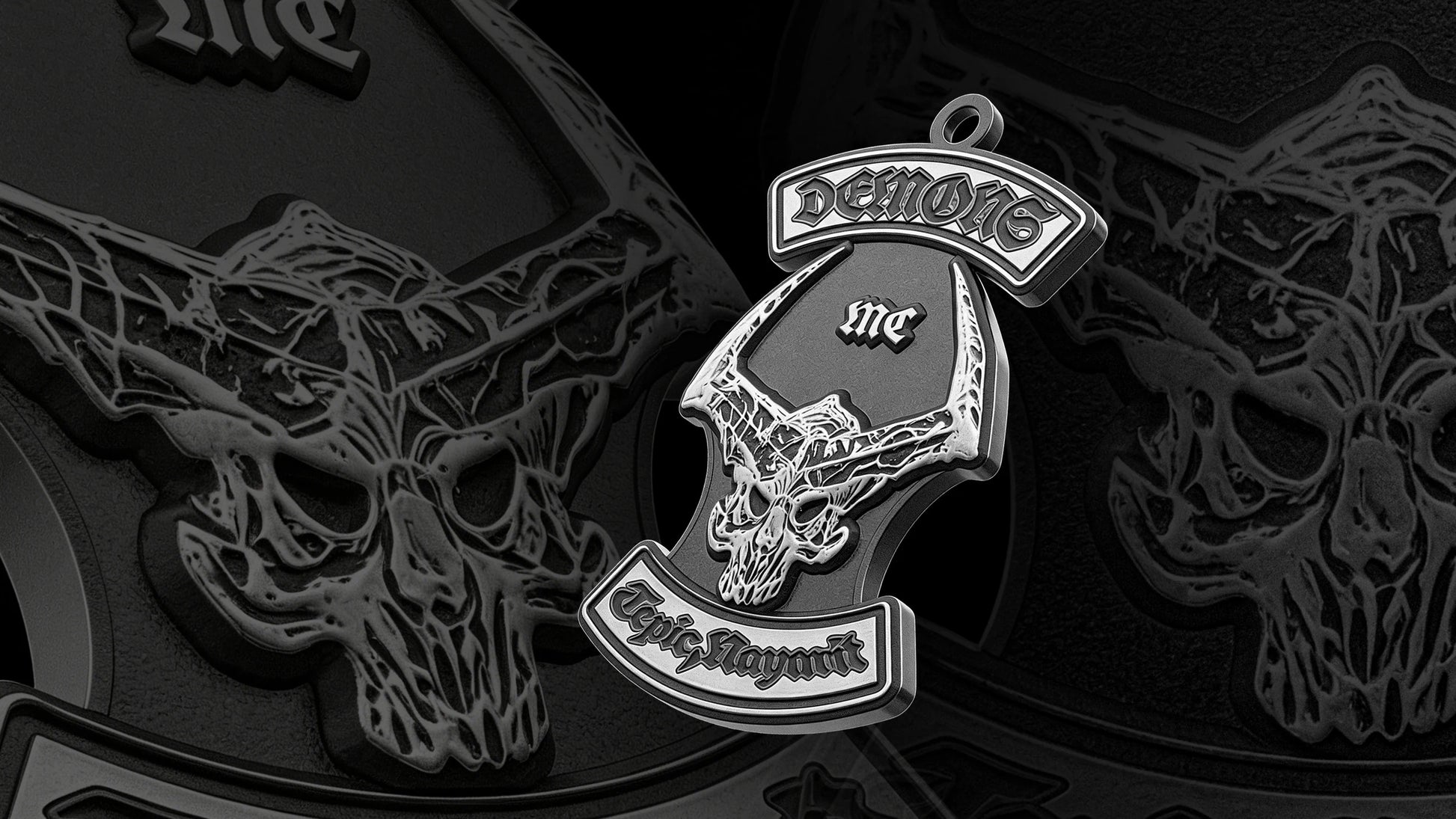 Custom horned skull motorcycle club pendant craftsmanship reference, gallery layout