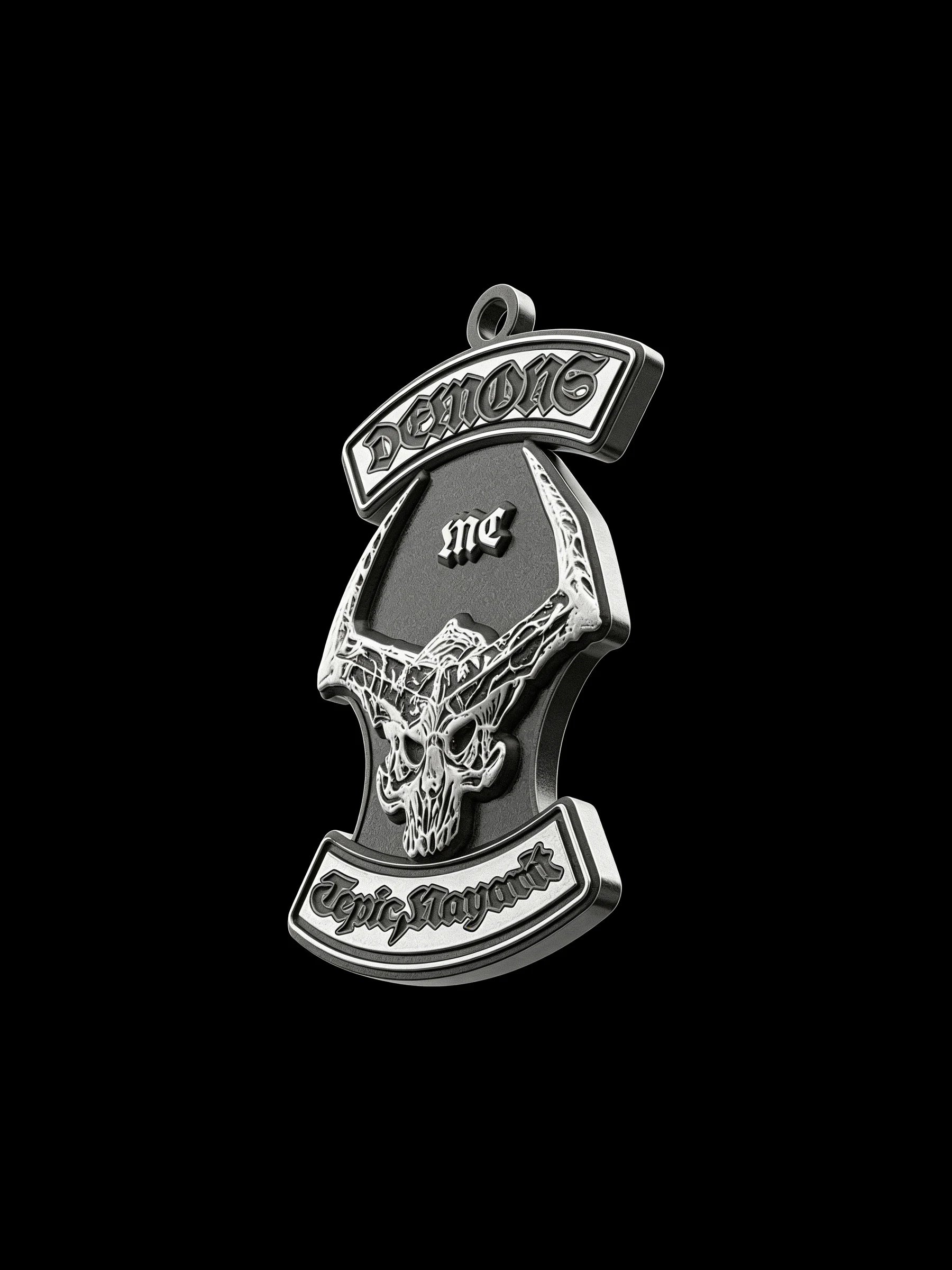 Custom horned skull motorcycle club pendant craftsmanship reference, left angle