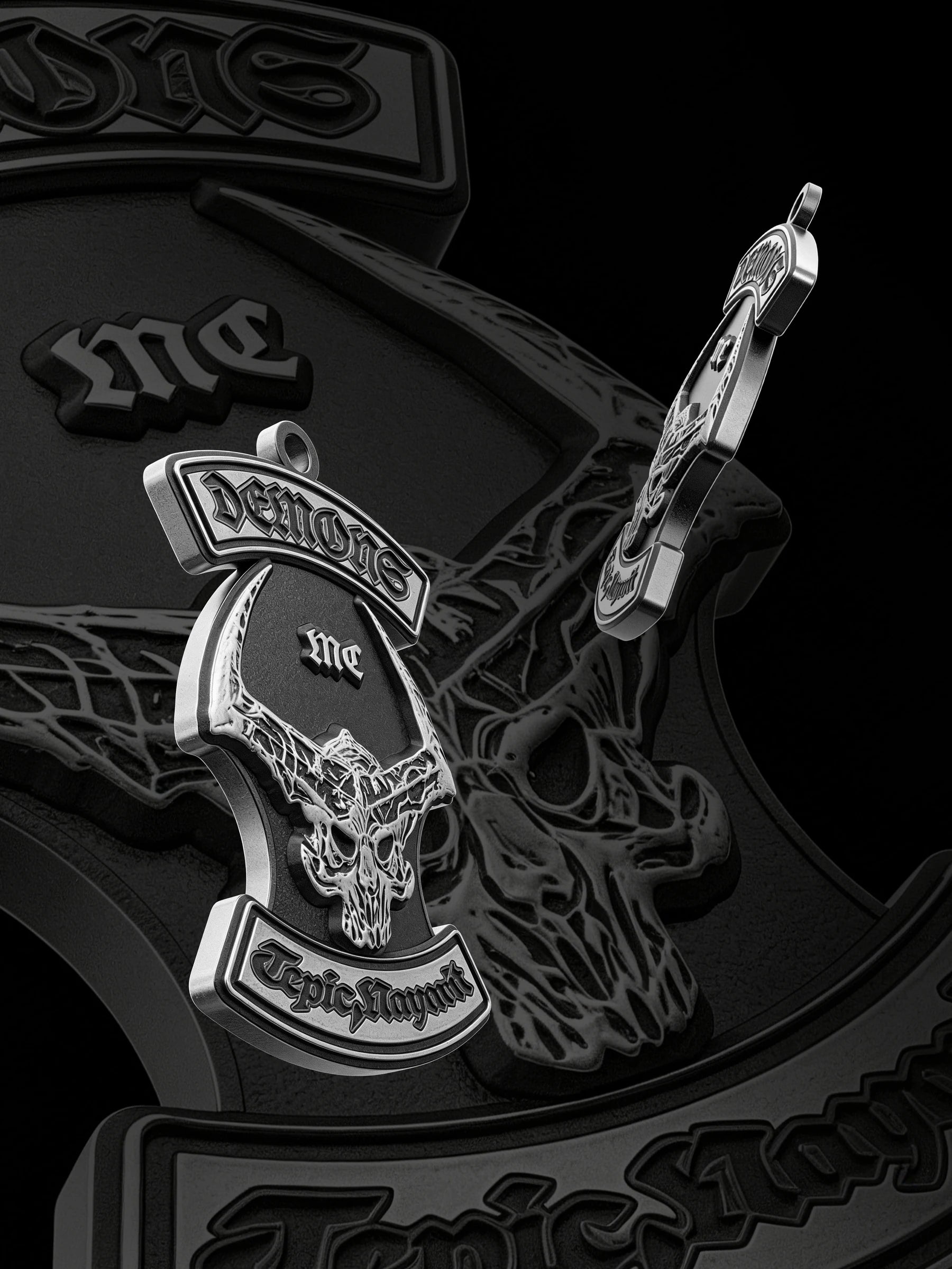 Custom horned skull motorcycle club pendant craftsmanship reference, paired display