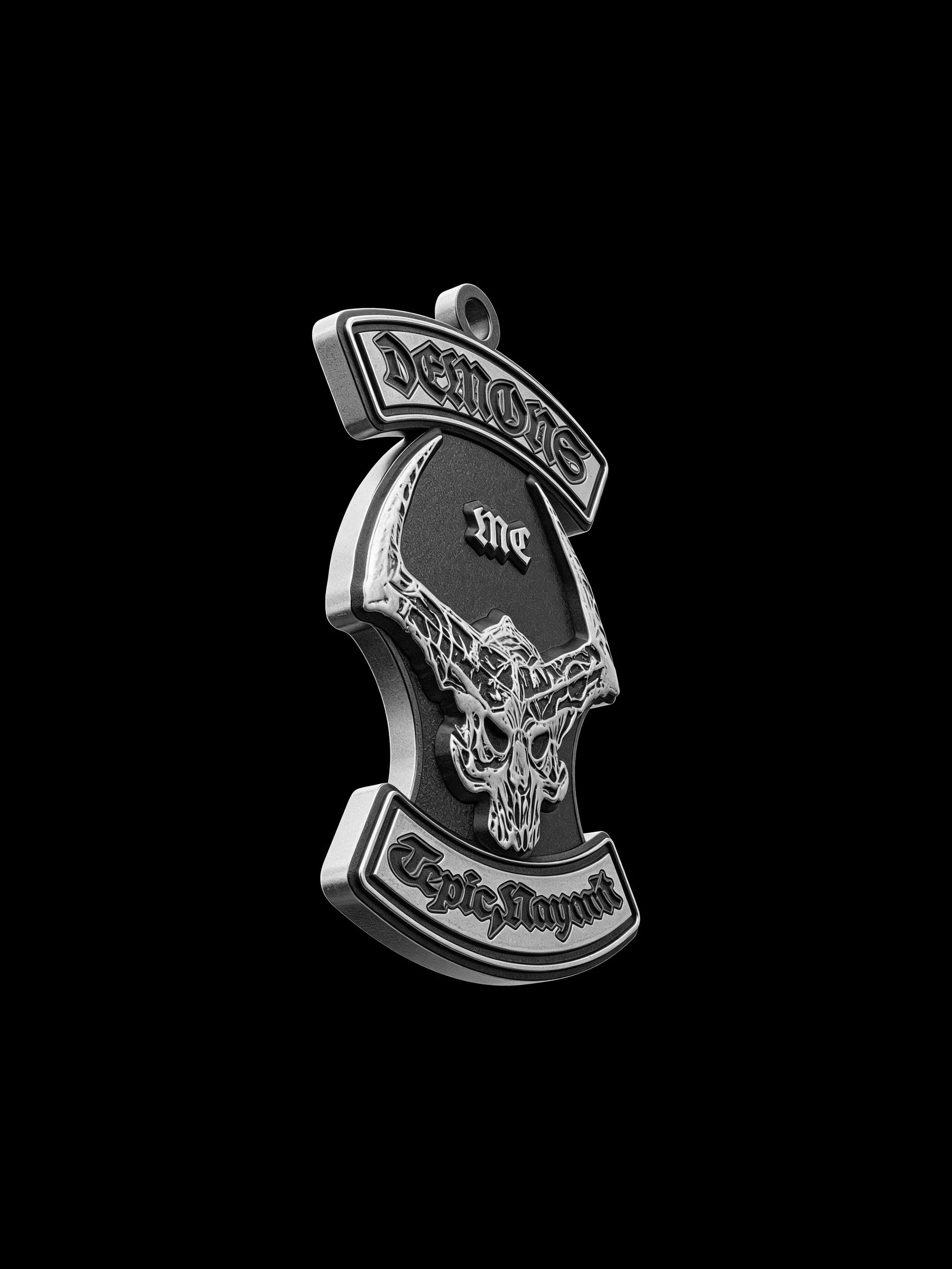 Custom horned skull motorcycle club pendant craftsmanship reference, right angle