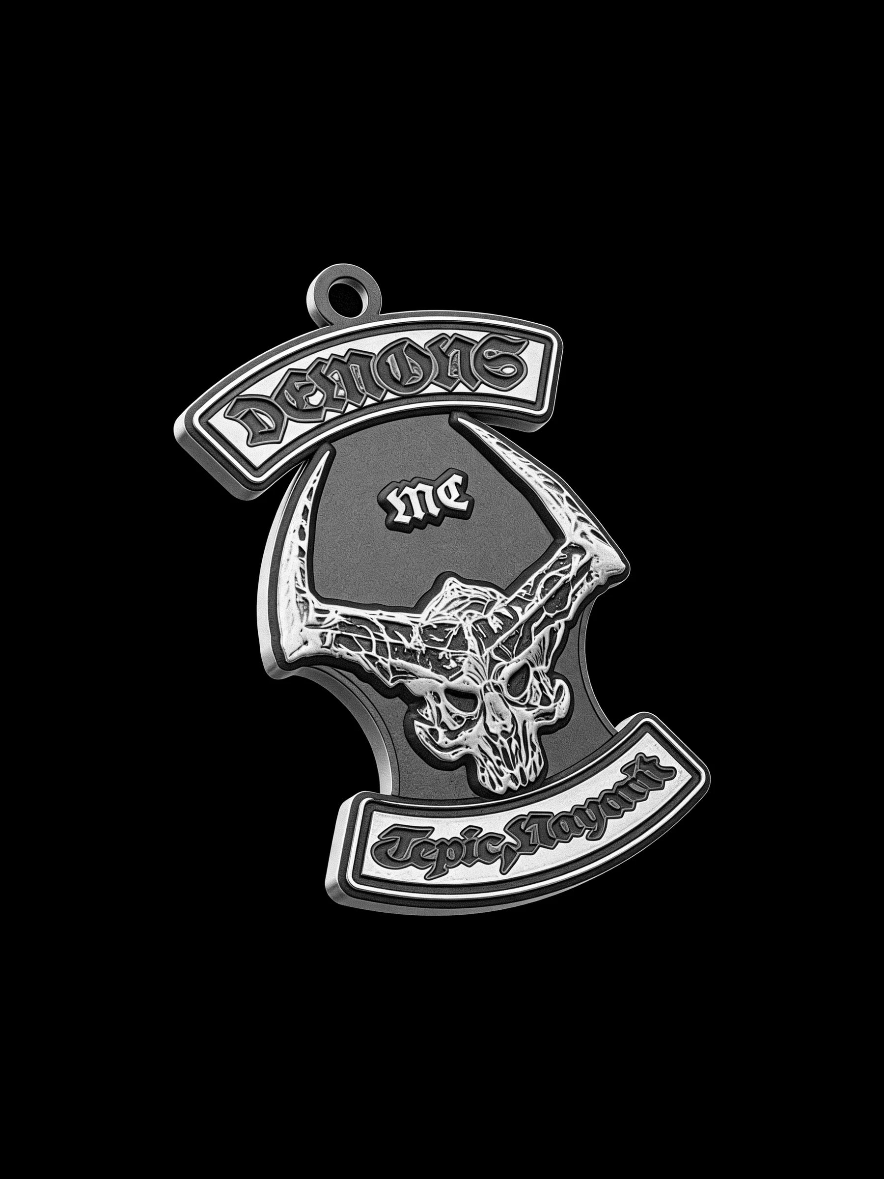 Custom horned skull motorcycle club pendant craftsmanship reference, side profile