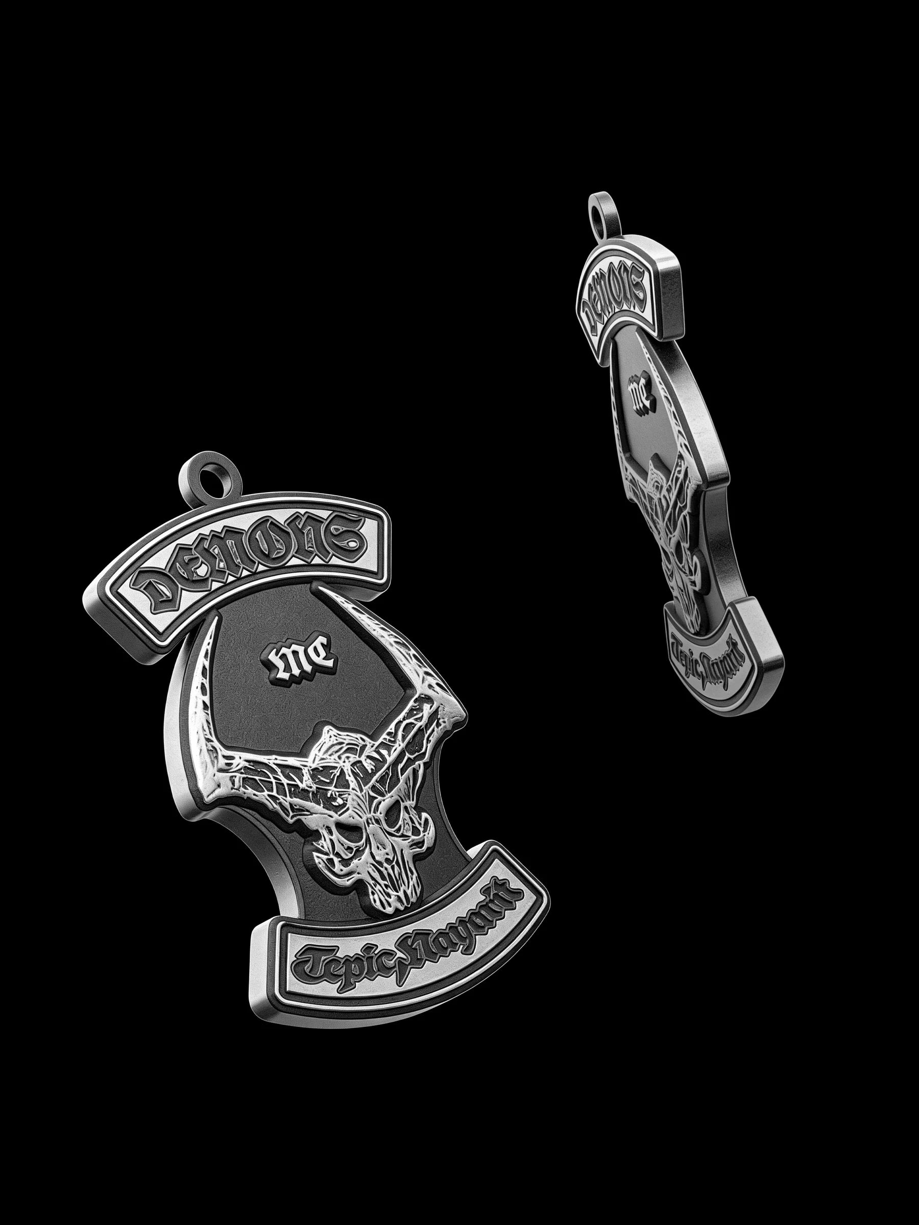Custom horned skull motorcycle club pendant craftsmanship reference, with chain