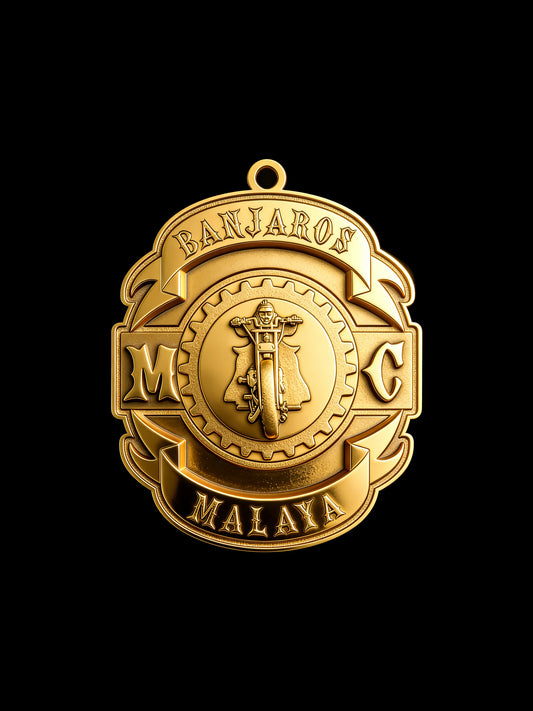 Custom knight helmet motorcycle club pendant craftsmanship reference, front view
