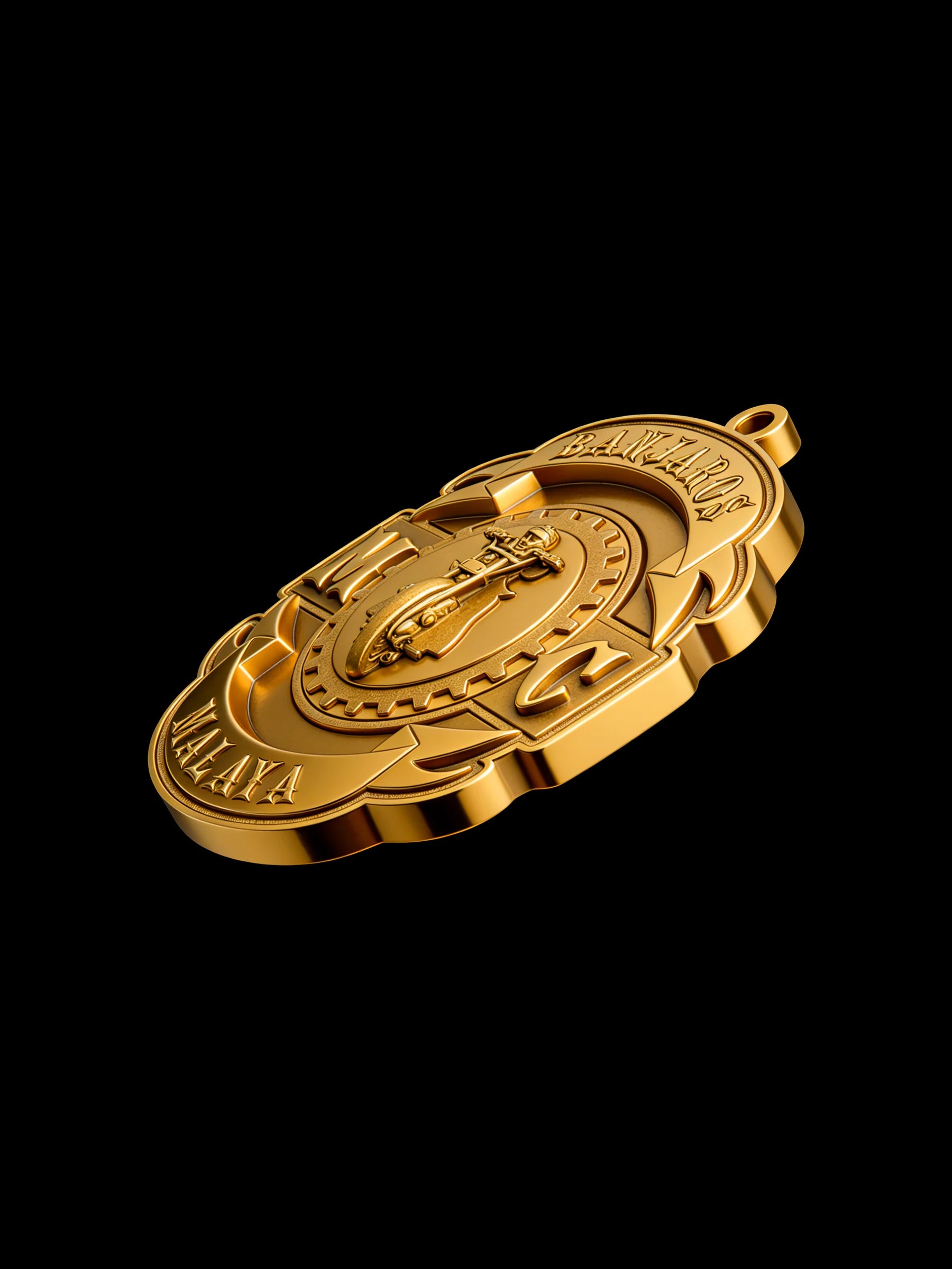 Custom knight helmet motorcycle club pendant craftsmanship reference, left angle