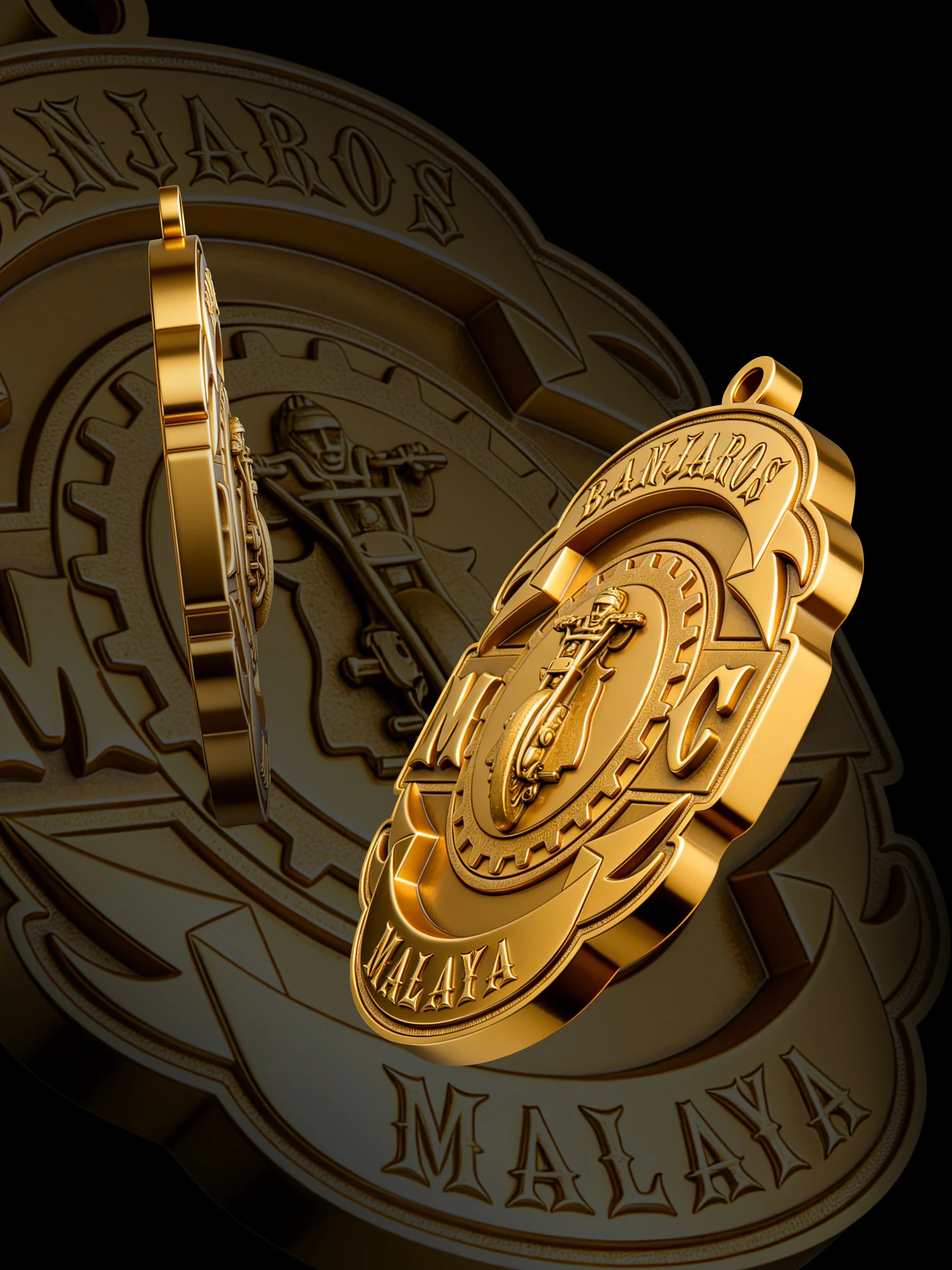 Custom knight helmet motorcycle club pendant craftsmanship reference, paired display