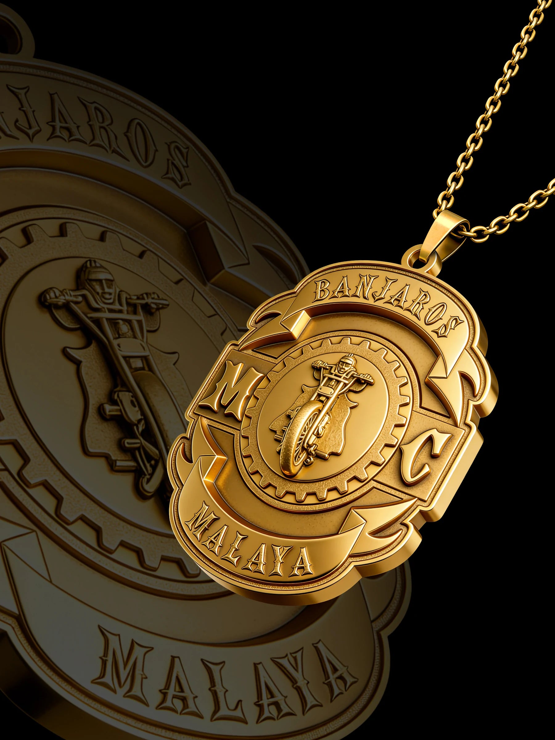 Custom knight helmet motorcycle club pendant craftsmanship reference, raised relief detail