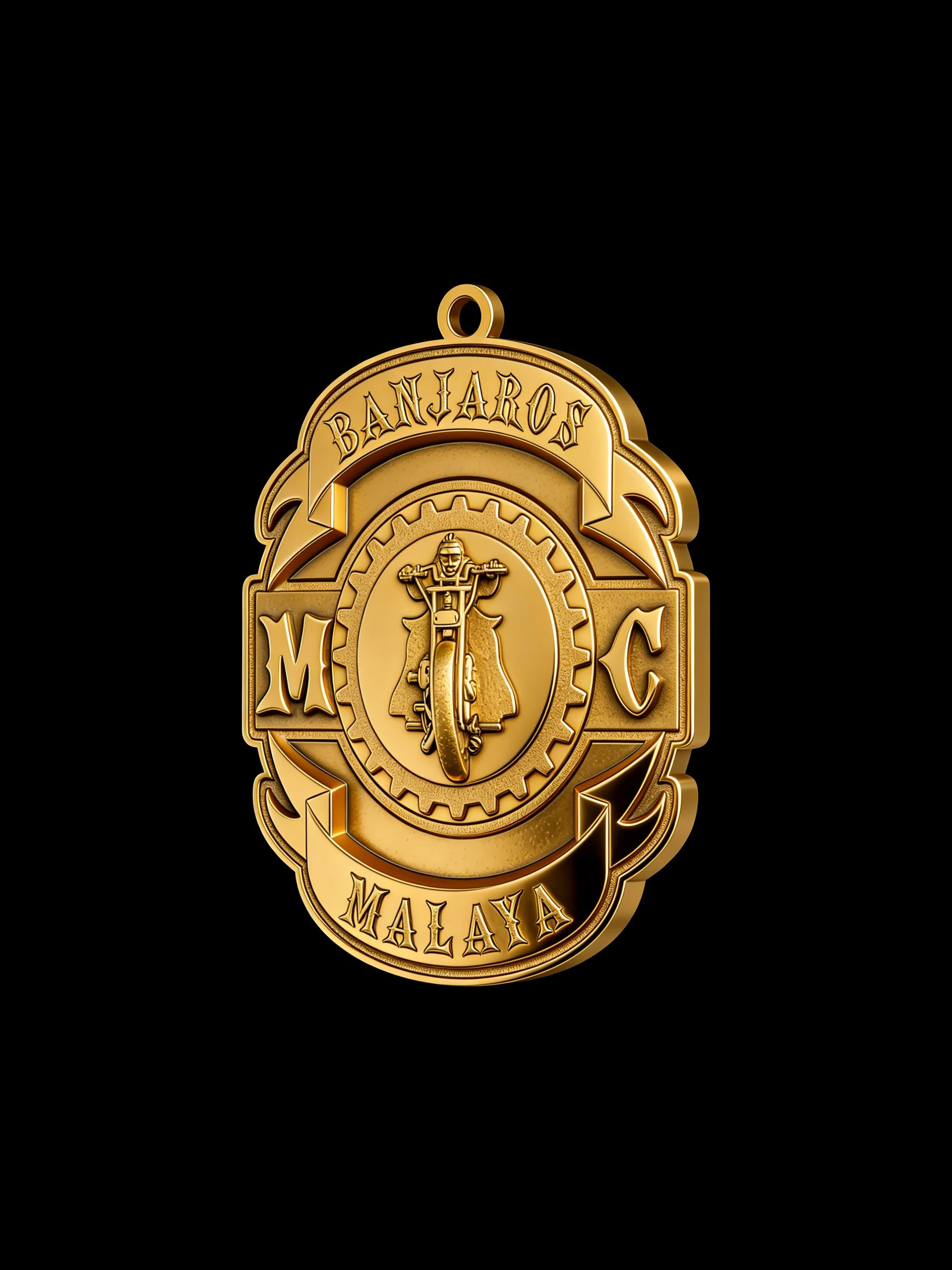 Custom knight helmet motorcycle club pendant craftsmanship reference, three quarter view