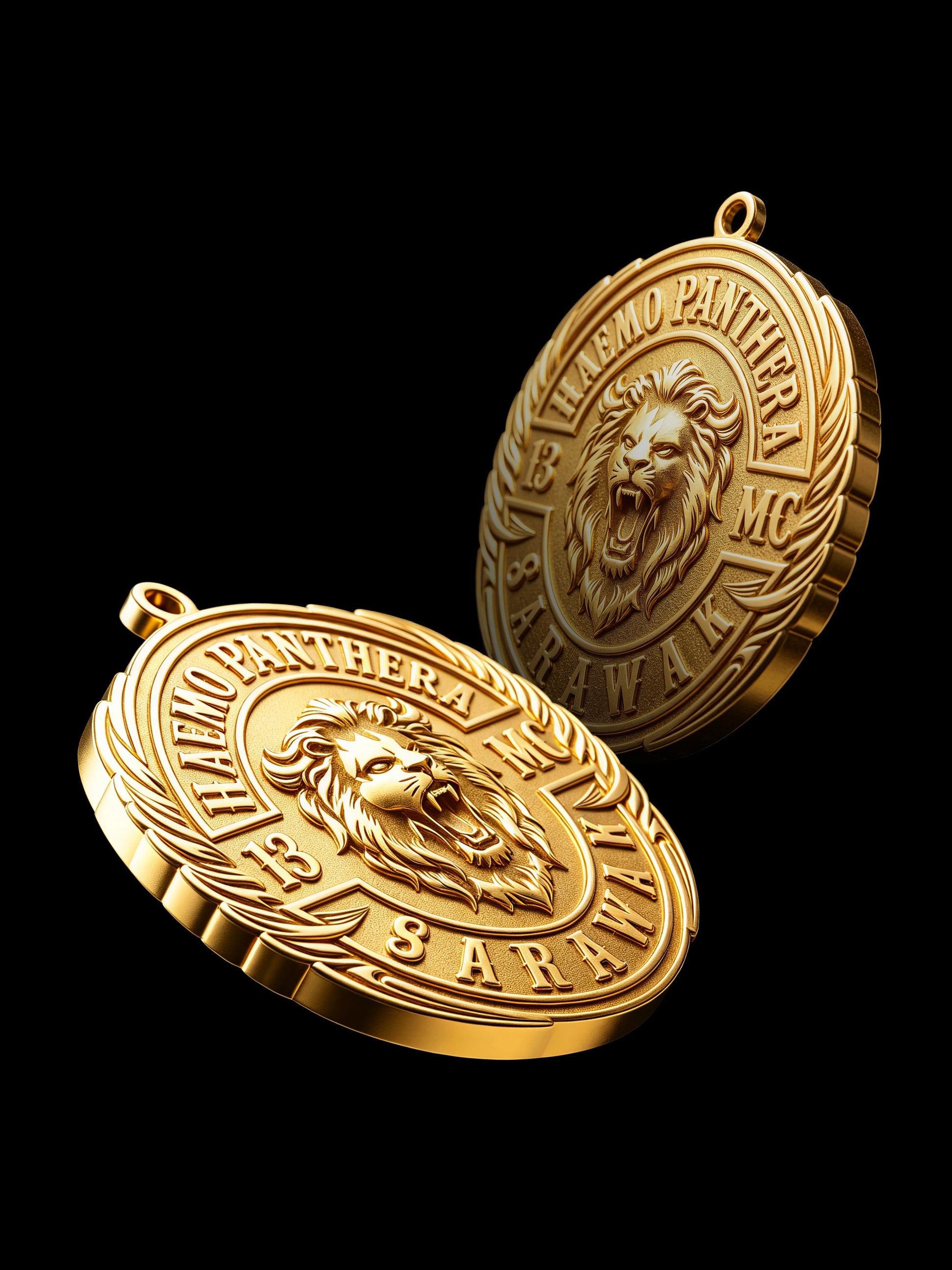 Pair display of custom lion biker club pendants showing relief and edge depth