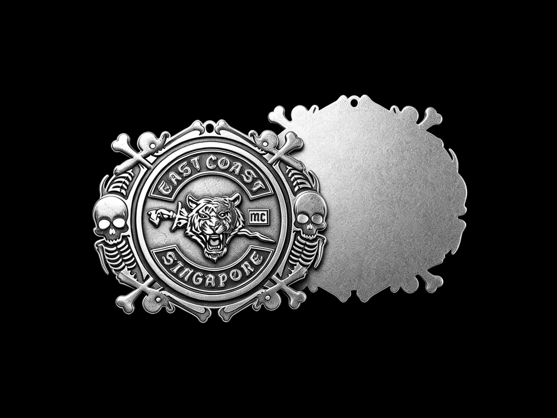 Custom lion crest motorcycle club pendant craftsmanship reference, back and front