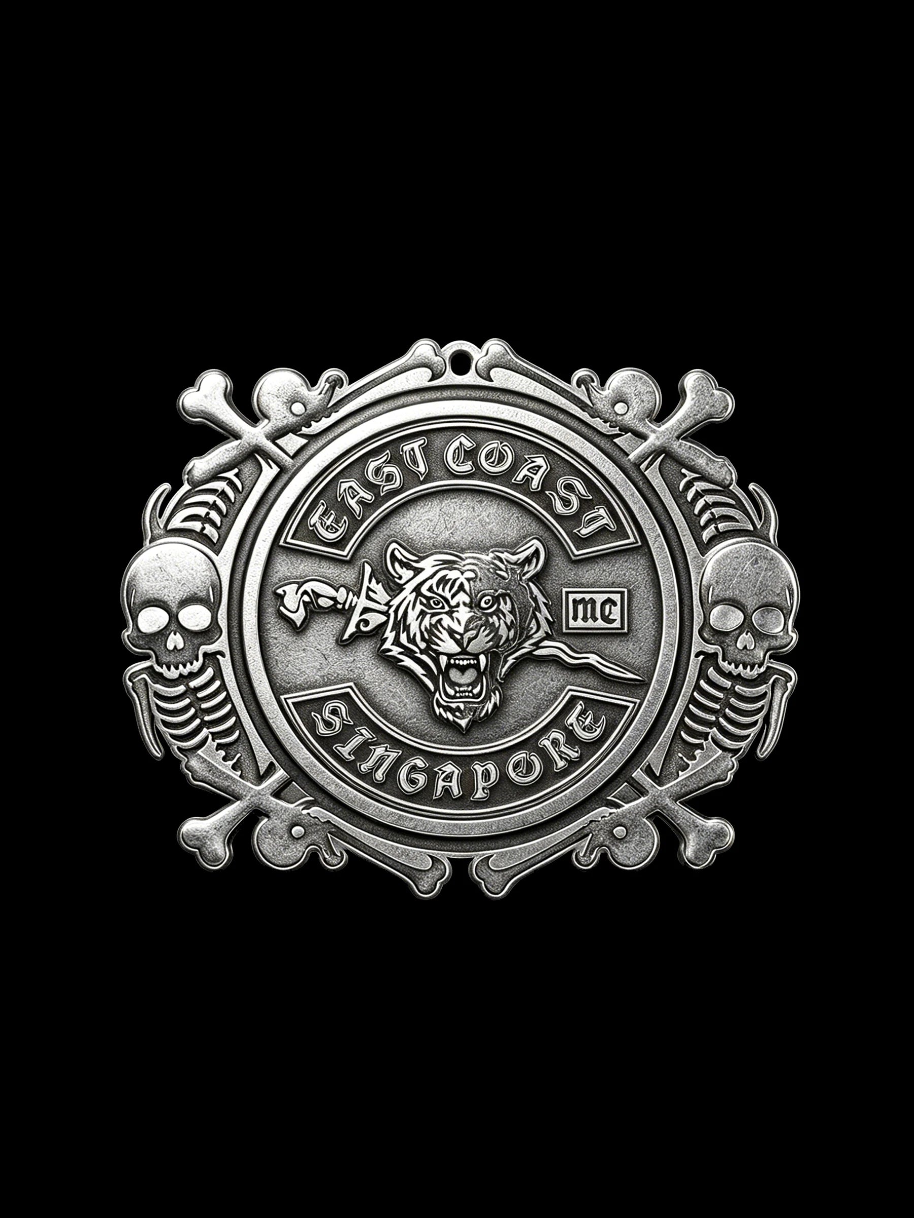 Custom lion crest motorcycle club pendant craftsmanship reference, front view