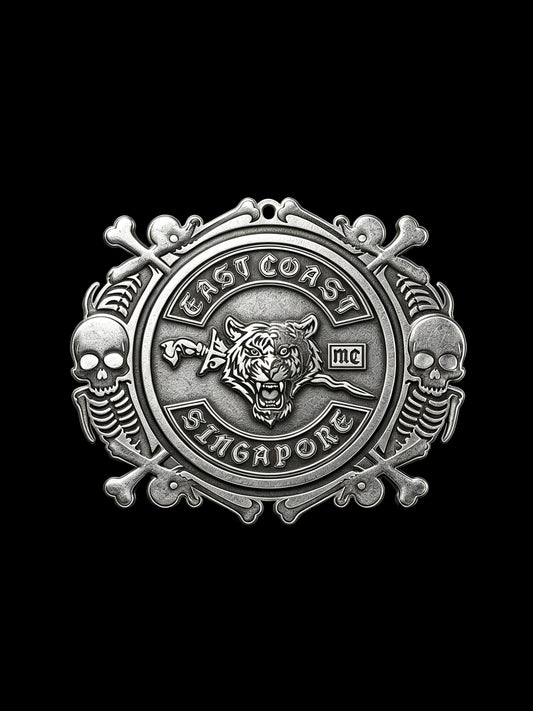 Custom lion crest motorcycle club pendant craftsmanship reference, front view