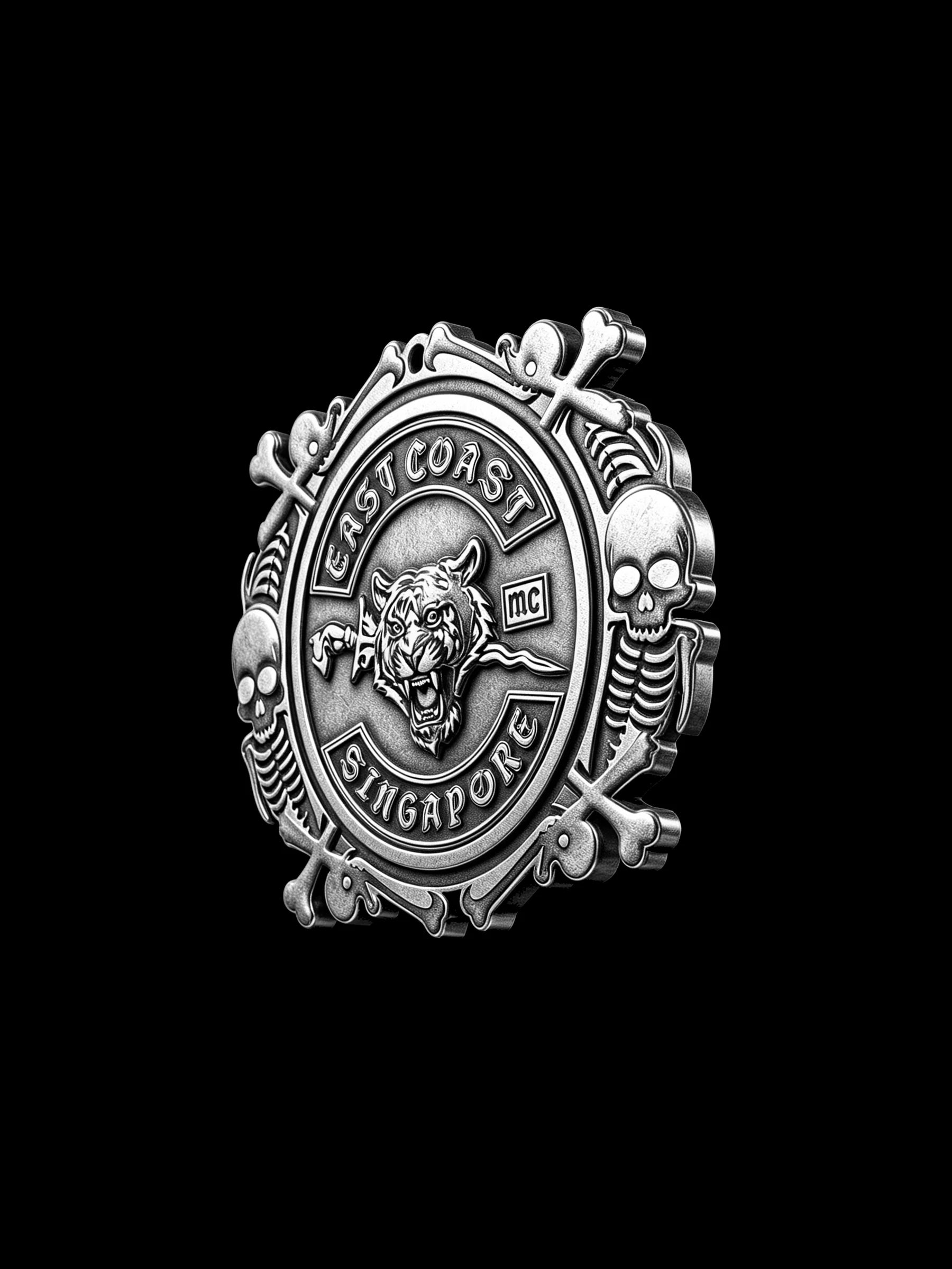Custom lion crest motorcycle club pendant craftsmanship reference, left angle