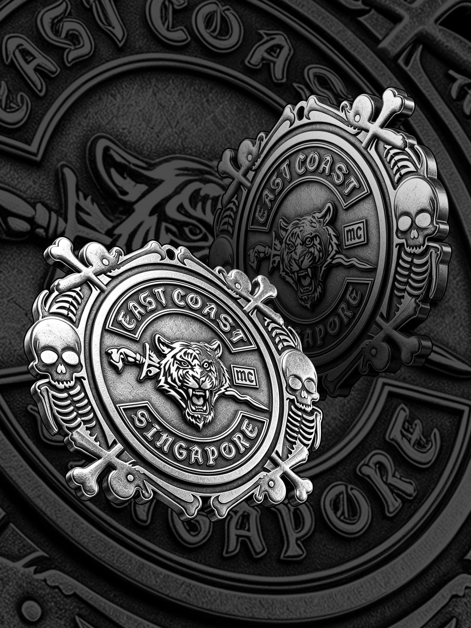 Custom lion crest motorcycle club pendant craftsmanship reference, paired display