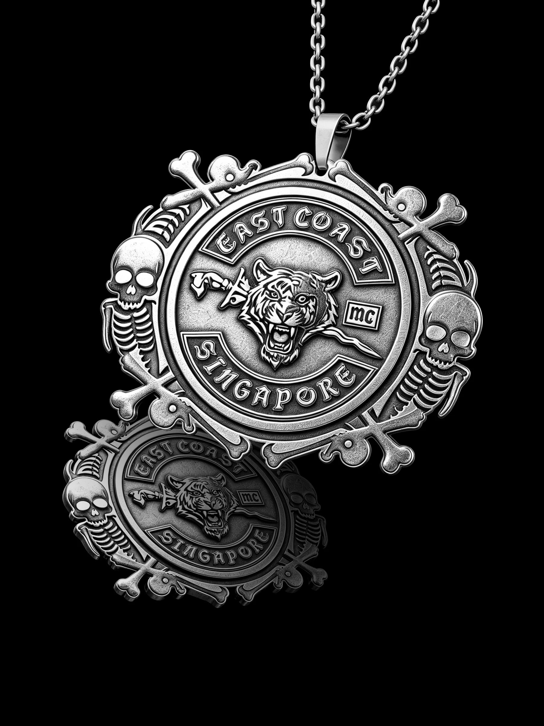 Custom lion crest motorcycle club pendant craftsmanship reference, raised relief detail