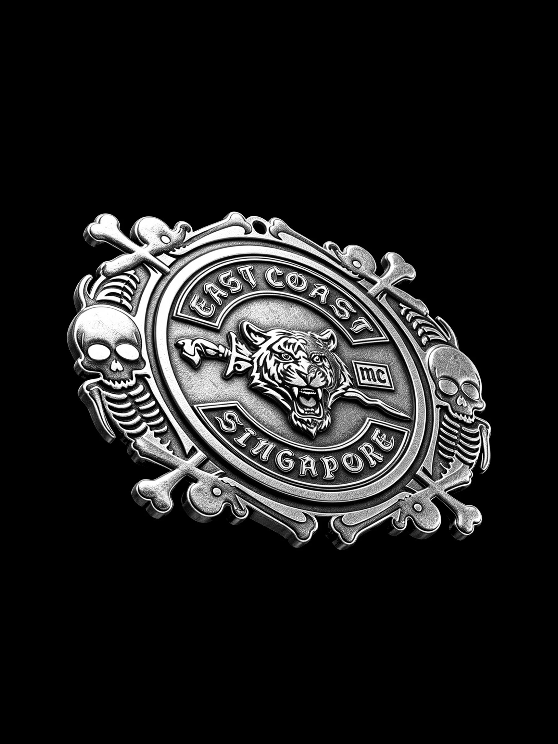 Custom lion crest motorcycle club pendant craftsmanship reference, right angle