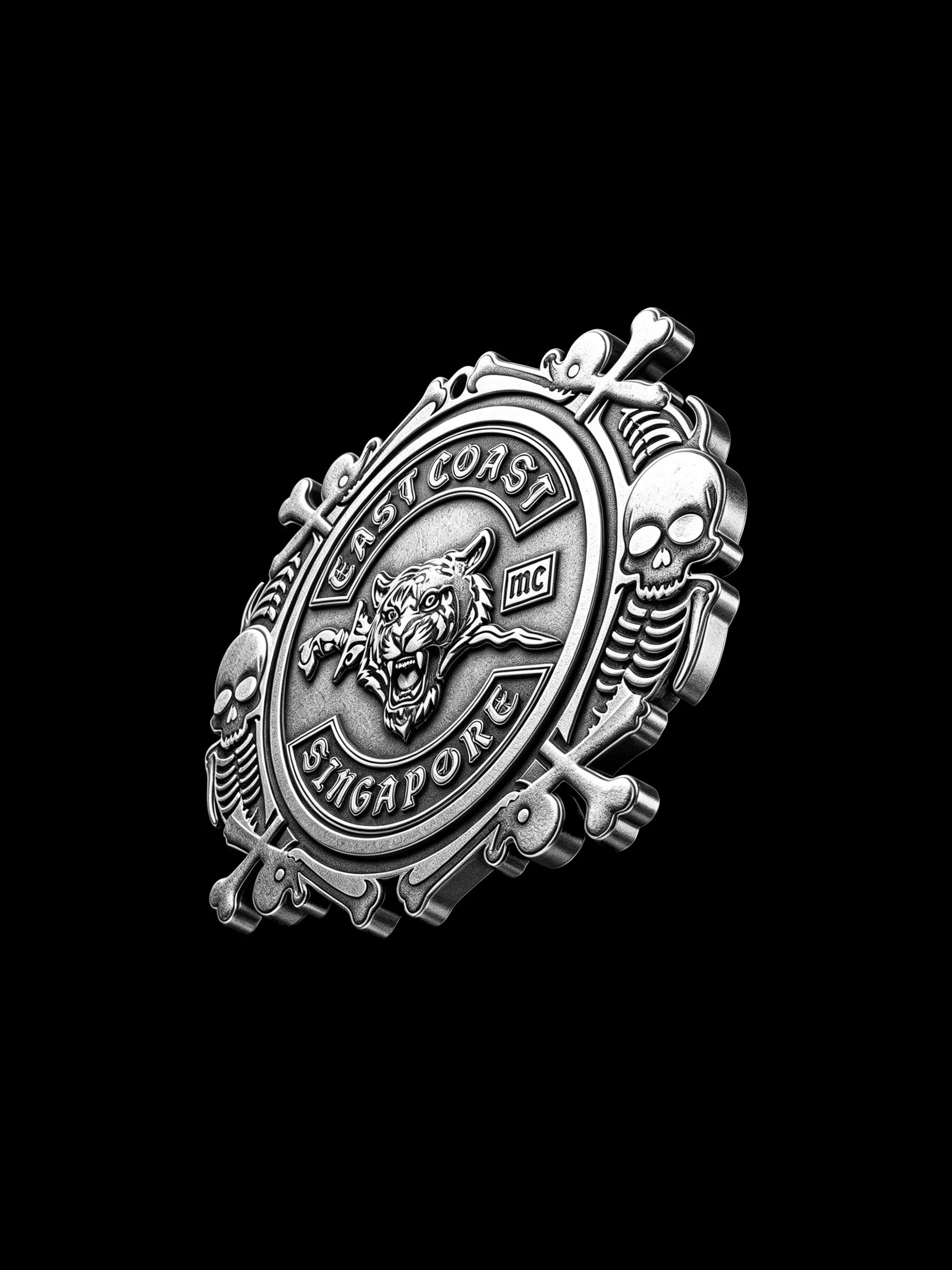 Custom lion crest motorcycle club pendant craftsmanship reference, three quarter view