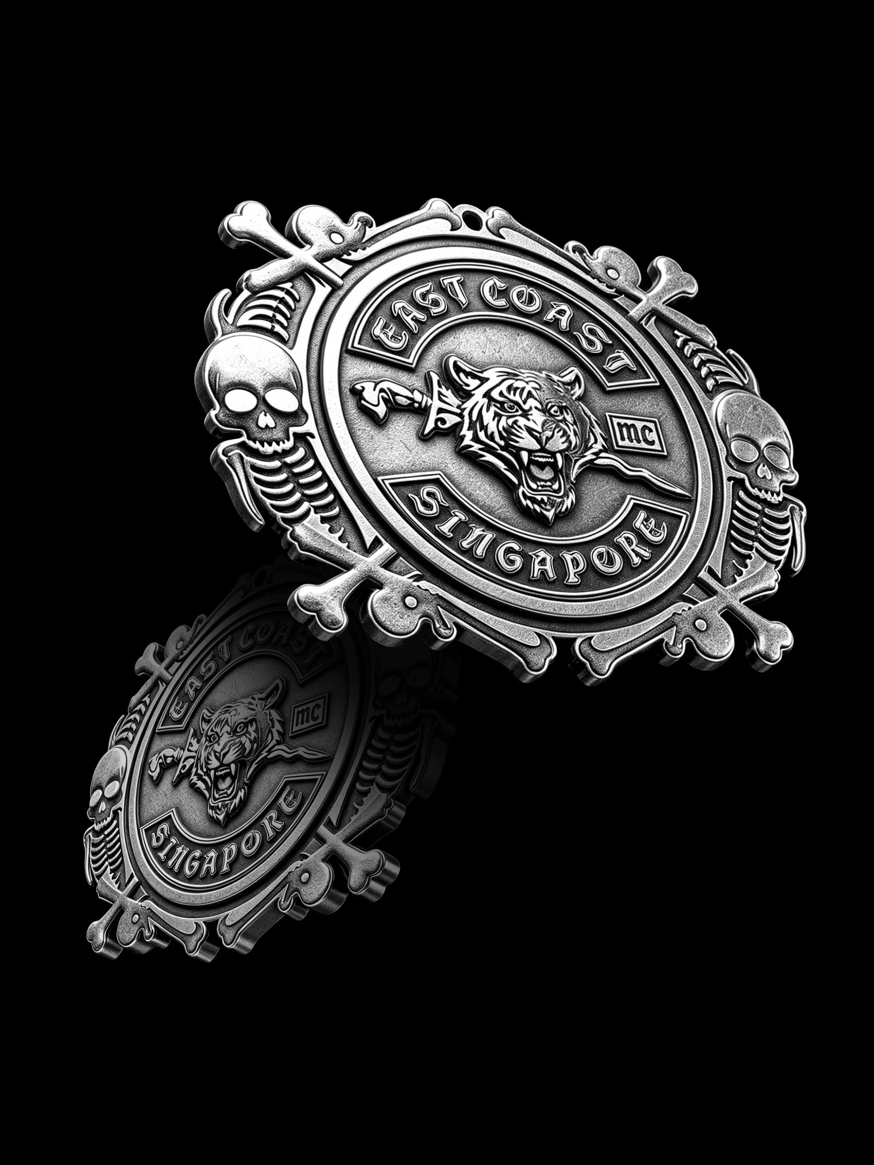 Custom lion crest motorcycle club pendant craftsmanship reference, with chain