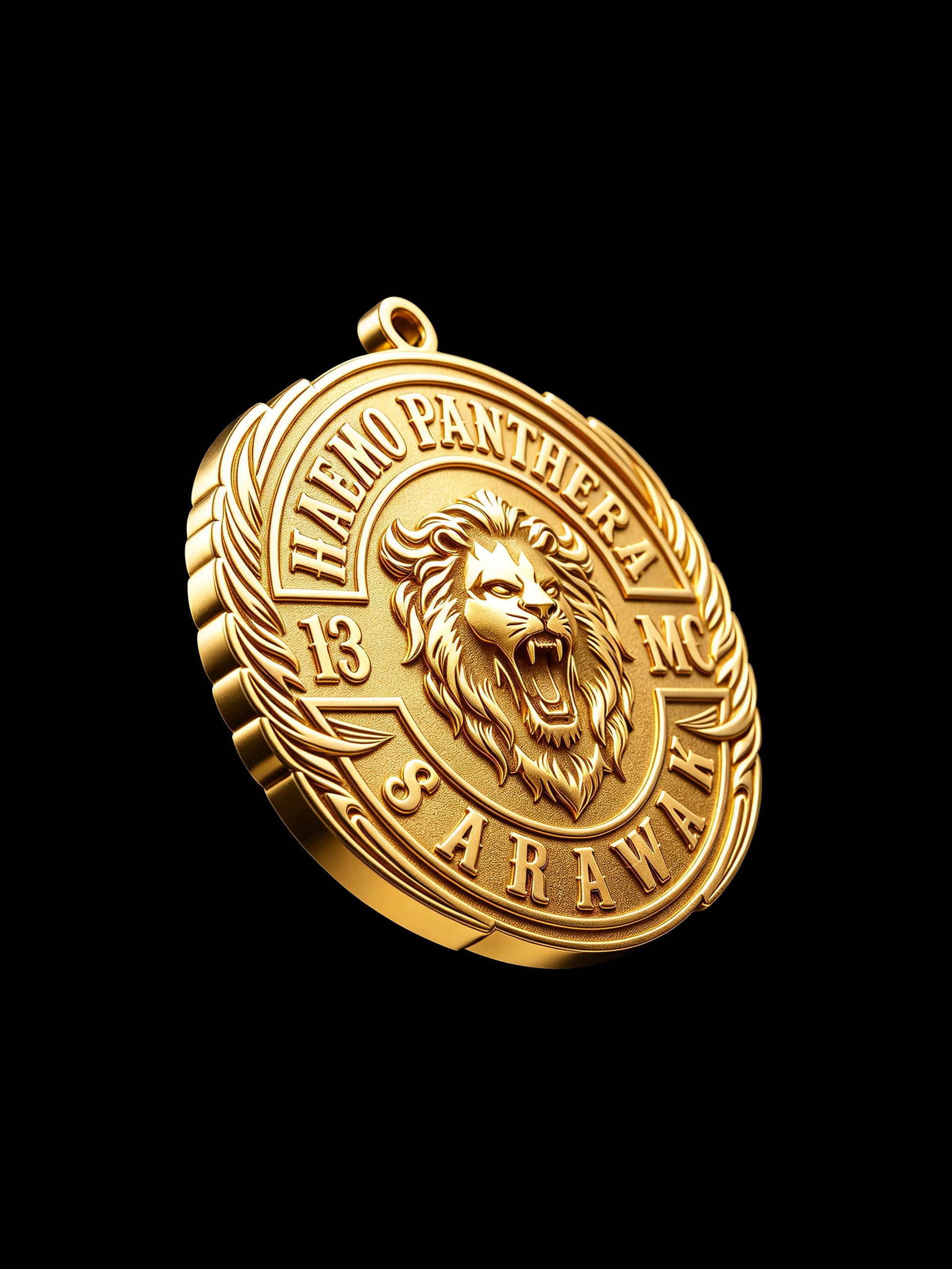 Three-quarter view of a round lion emblem pendant concept for a custom motorcycle club