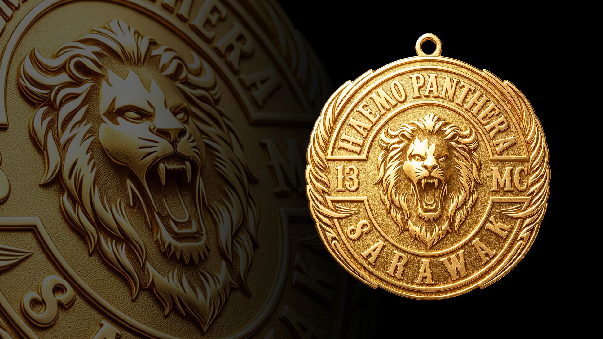 Wide detail banner showing a custom lion motorcycle club pendant and relief close-up