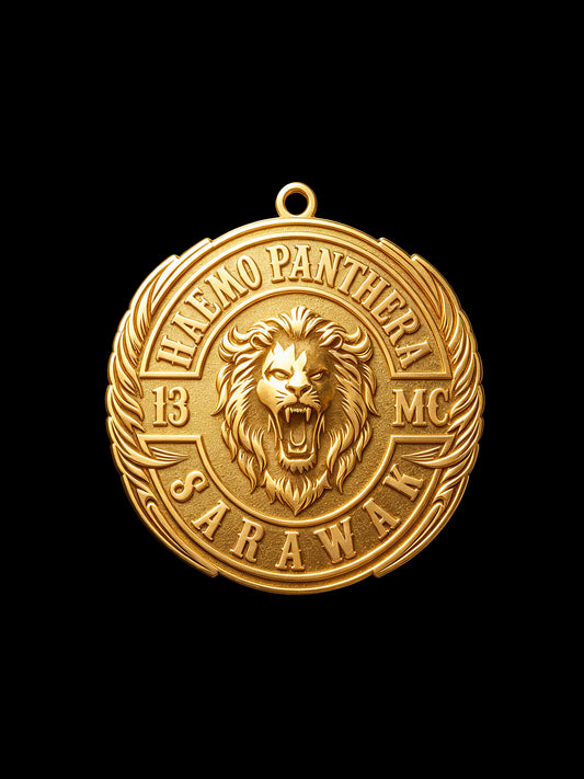 Front view of a round custom lion motorcycle club pendant with raised emblem and lettering