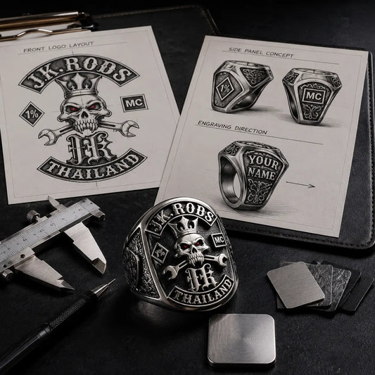 Motorcycle club ring design review with finished silver signet ring, front logo layout, side panel concept drawings and measurement tools.