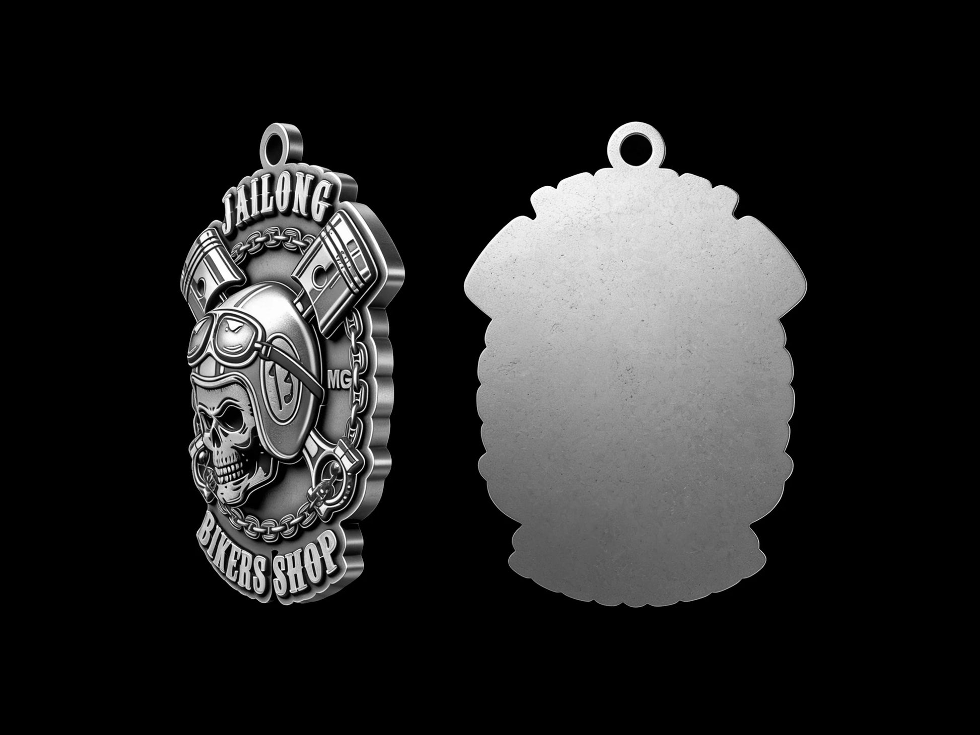 Custom mechanic skull and pistons motorcycle club pendant craftsmanship reference, back and front