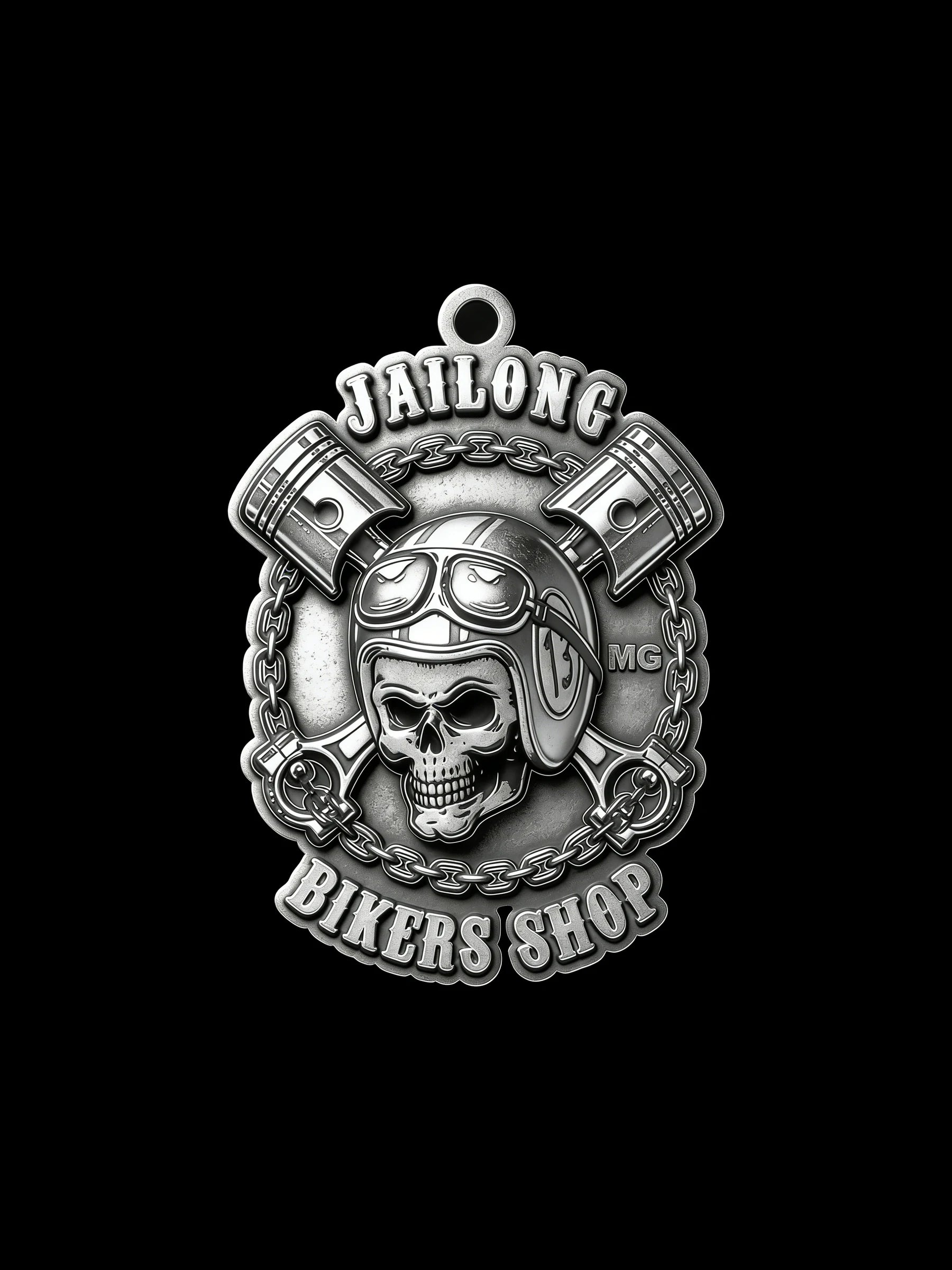 Custom mechanic skull and pistons motorcycle club pendant craftsmanship reference, front view