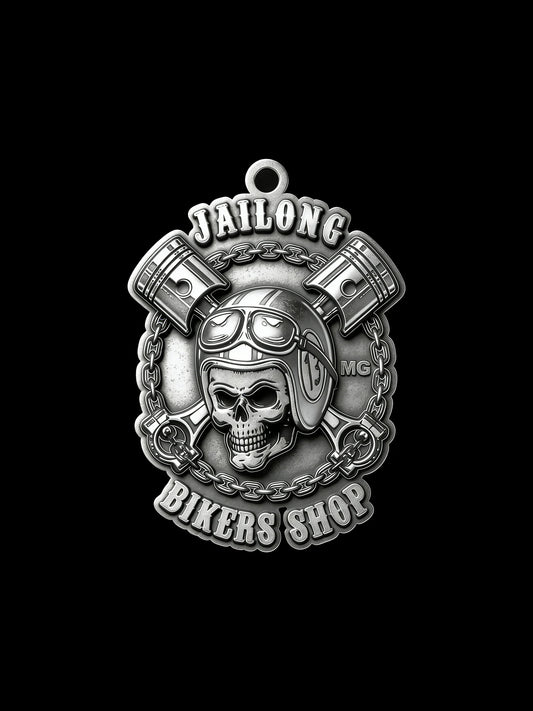 Custom mechanic skull and pistons motorcycle club pendant craftsmanship reference, front view