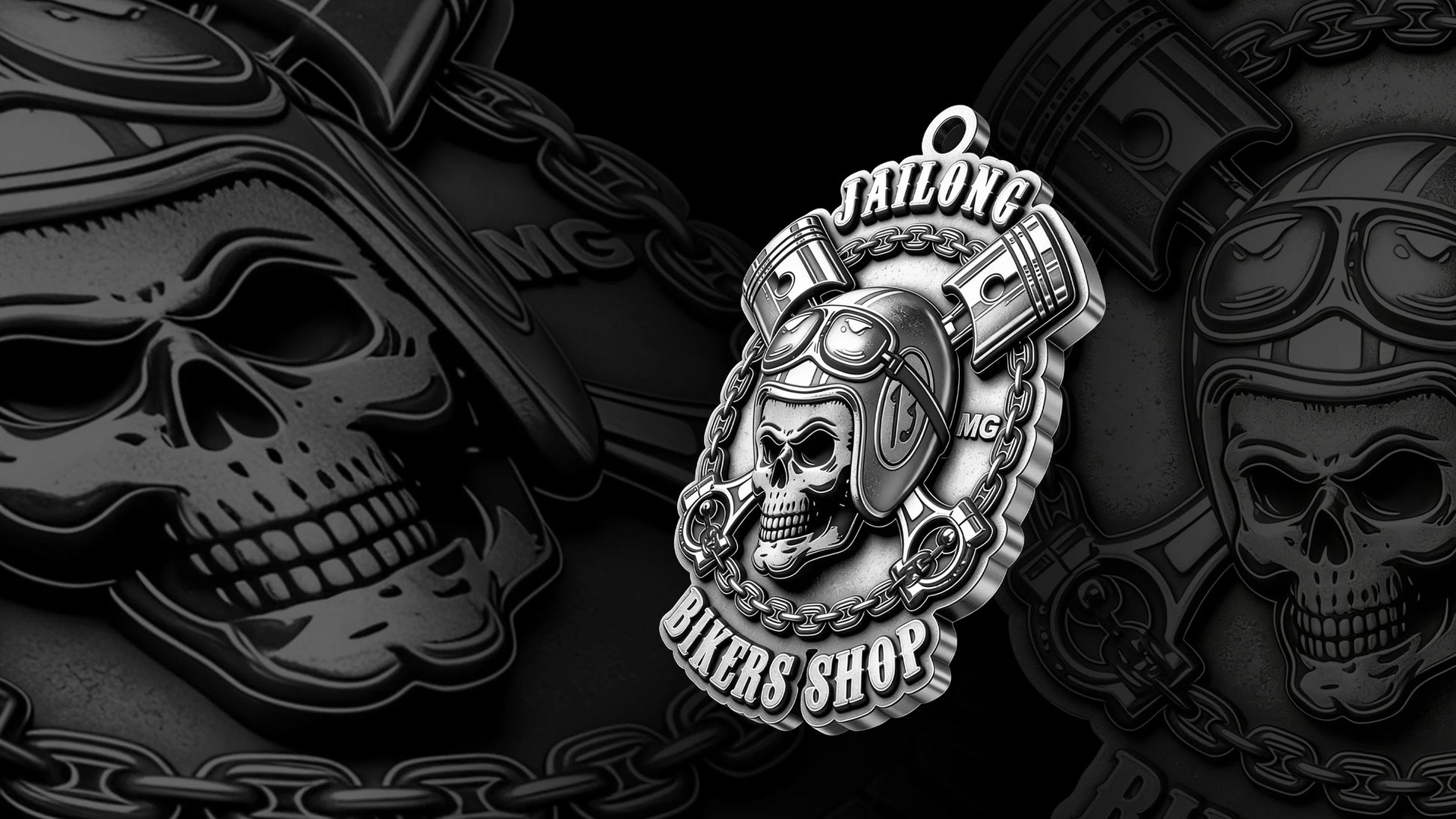 Custom mechanic skull and pistons motorcycle club pendant craftsmanship reference, gallery layout