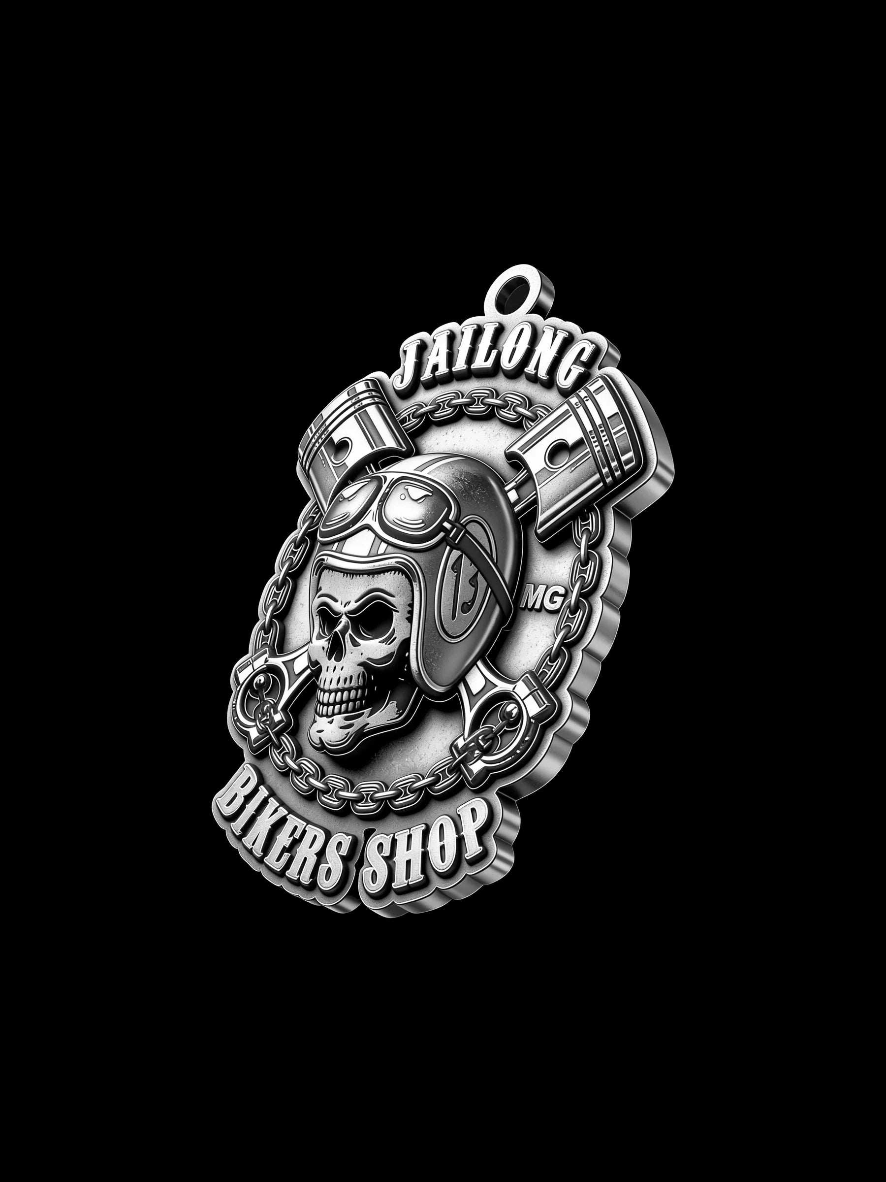 Custom mechanic skull and pistons motorcycle club pendant craftsmanship reference, left angle
