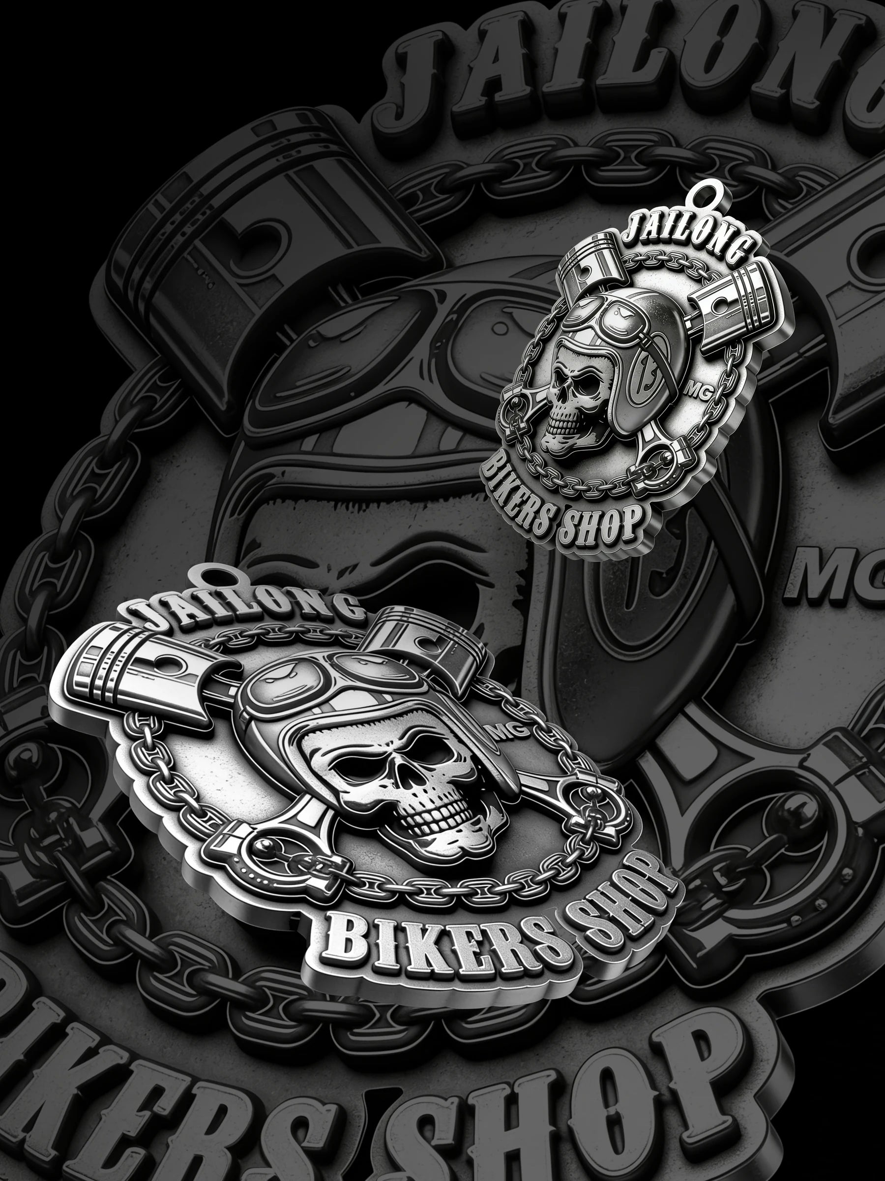 Custom mechanic skull and pistons motorcycle club pendant craftsmanship reference, paired display