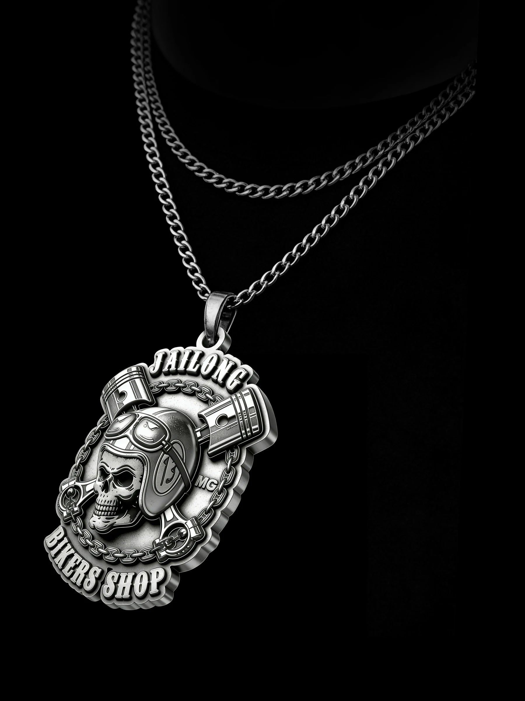 Custom mechanic skull and pistons motorcycle club pendant craftsmanship reference, raised relief detail