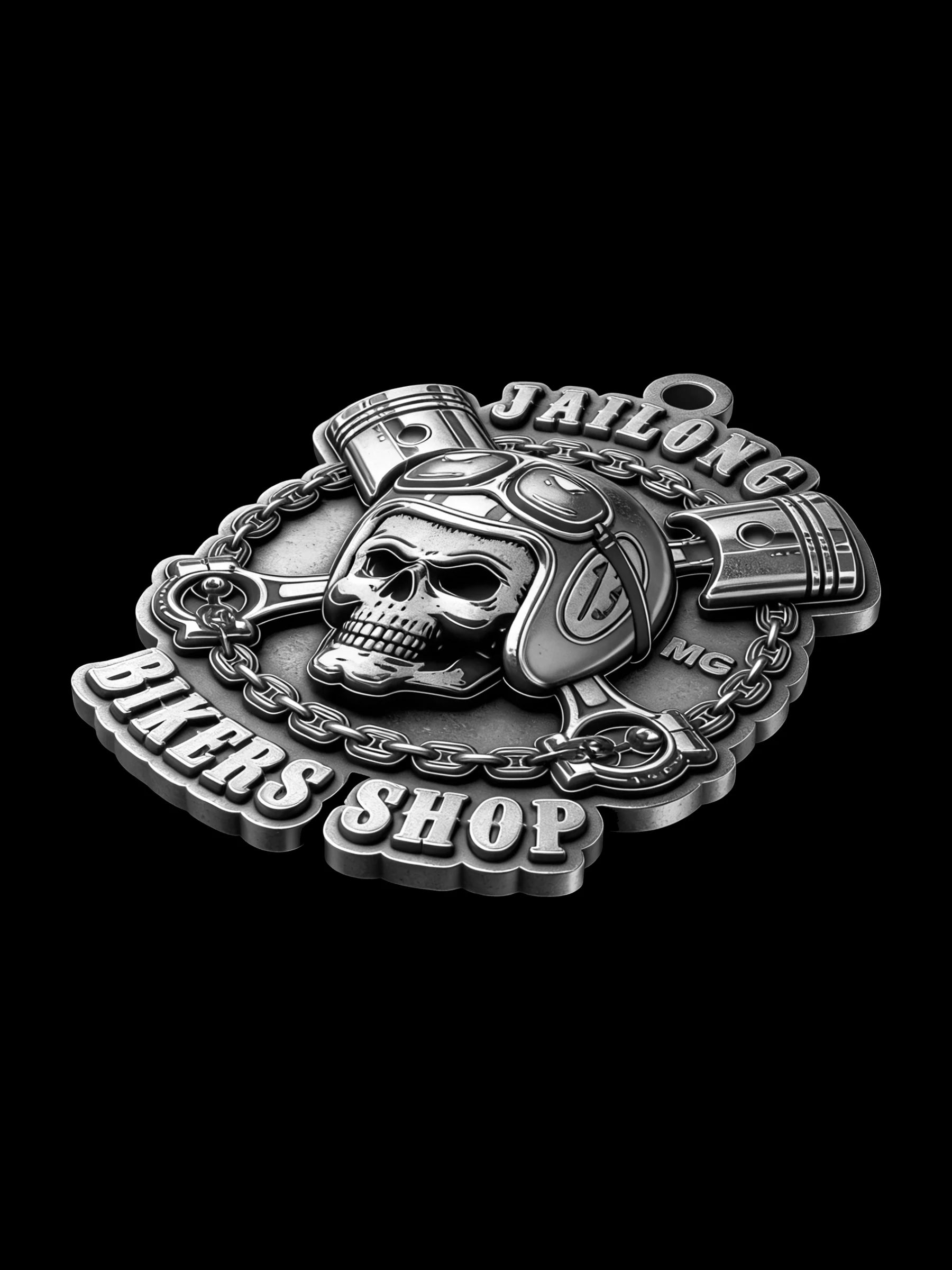 Custom mechanic skull and pistons motorcycle club pendant craftsmanship reference, right angle