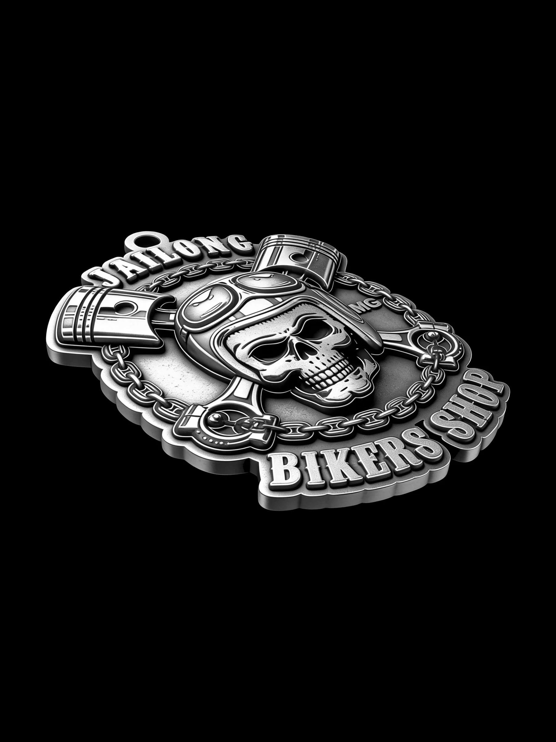 Custom mechanic skull and pistons motorcycle club pendant craftsmanship reference, side profile