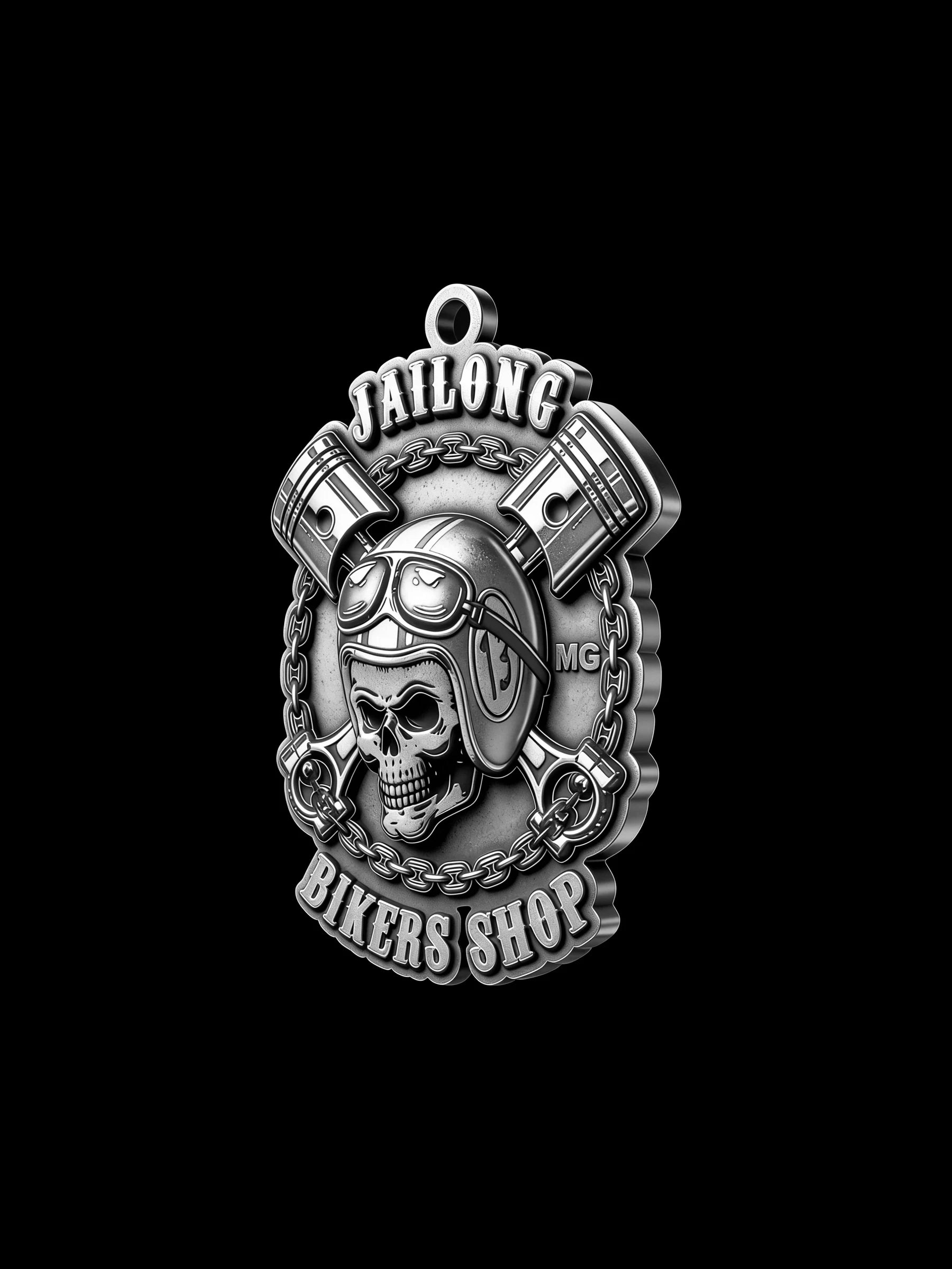 Custom mechanic skull and pistons motorcycle club pendant craftsmanship reference, three quarter view
