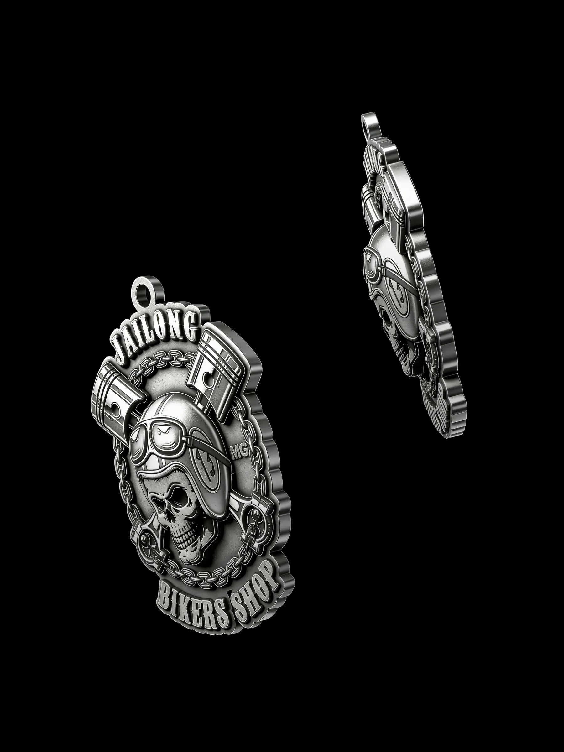 Custom mechanic skull and pistons motorcycle club pendant craftsmanship reference, with chain
