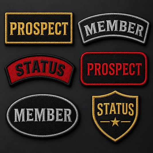 Match approved patch shape shown as a custom motorcycle club membership patch product.