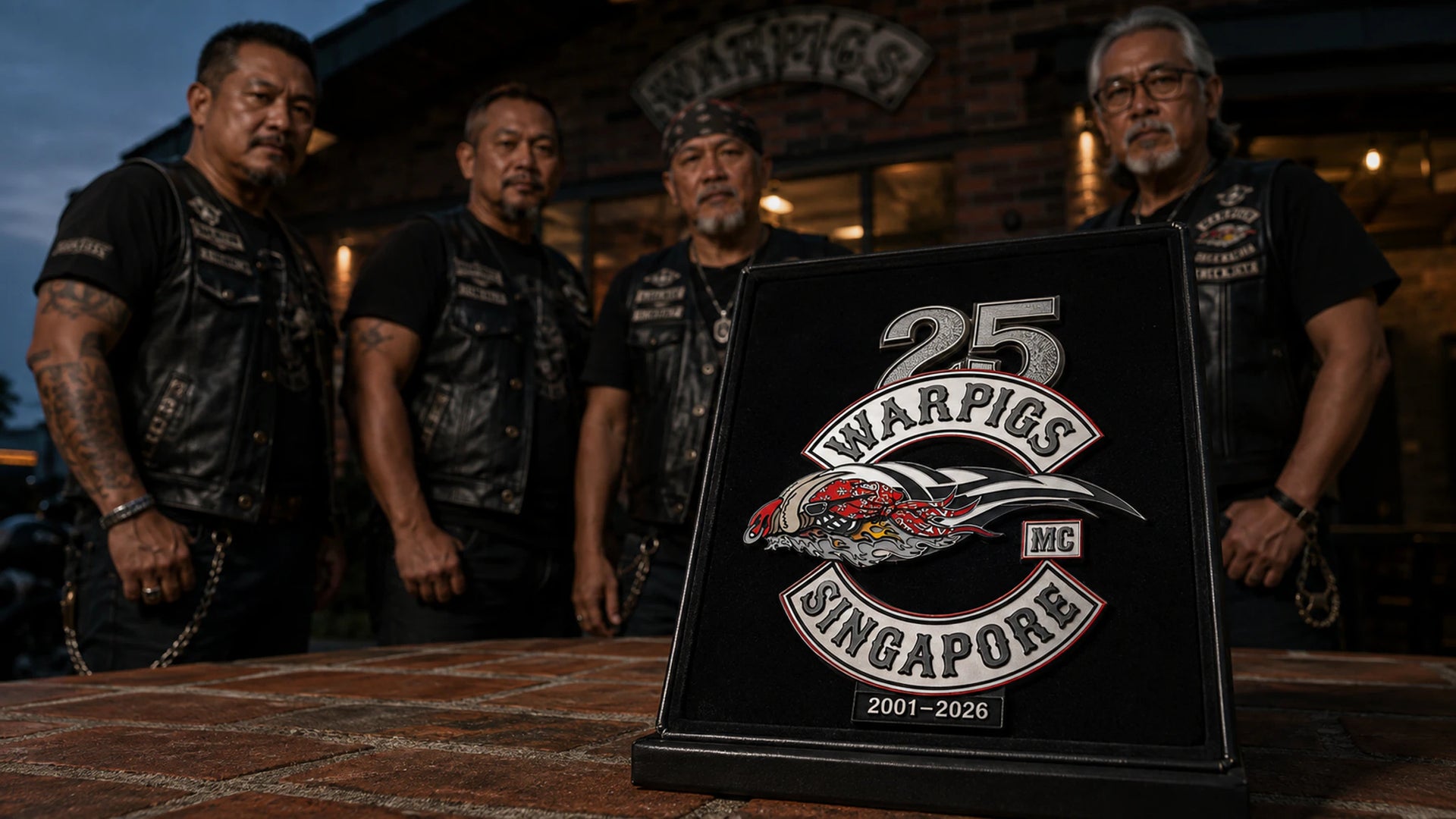 Motorcycle club officers presenting a custom metal anniversary badge featuring their club logo and milestone years.