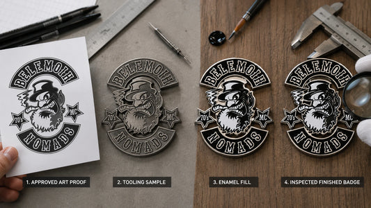 Custom motorcycle club anniversary badge progressing from approved artwork proof to inspected finished metal.