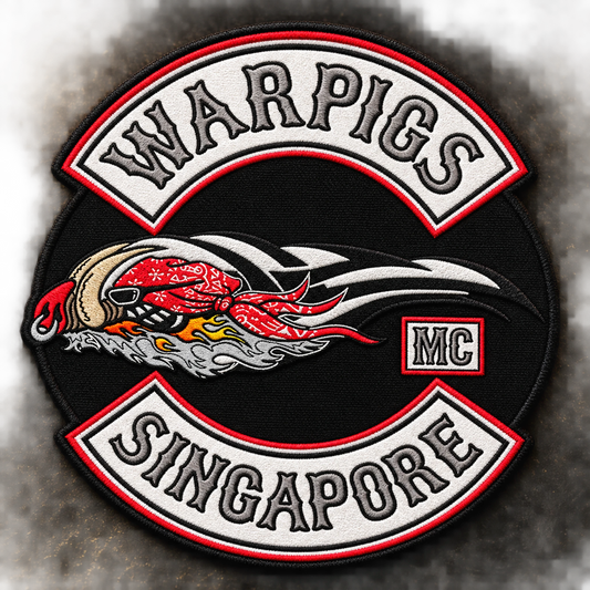 Solid embroidered anniversary patch shown for a custom motorcycle club patch system in heritage display.