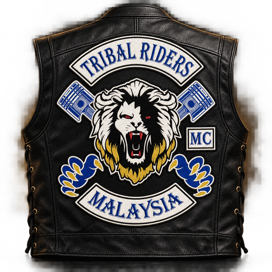 Large solid embroidered center back patch on leather vest shown for a custom motorcycle club patch system in dark product studio.