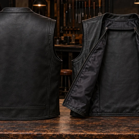 Custom motorcycle club back patch positioned on a complete black leather riding vest.