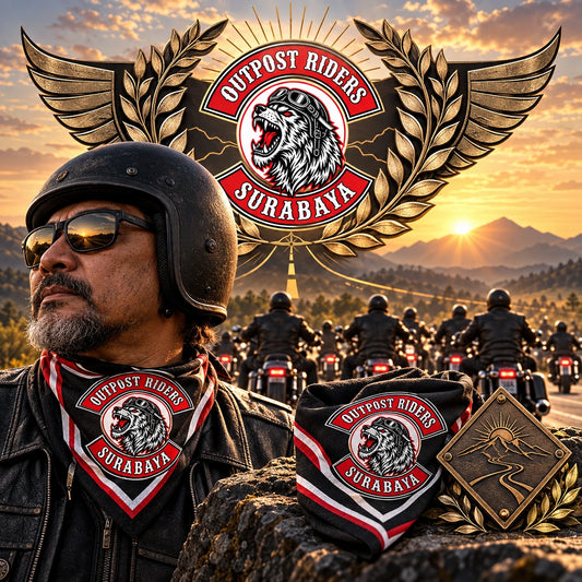 Commemorative neck triangle and keepsake flat view using a fold-aware layout with the authorized motorcycle club emblem kept visible in real use.