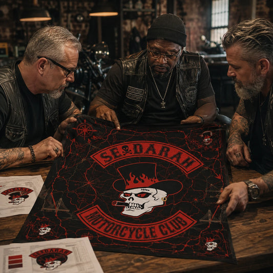 Custom motorcycle club bandana featuring the authorized Sedarah Motorcycle Club identity in three chapter coordinators comparing one bandana design and chapter specification sheets at a clubhouse table.