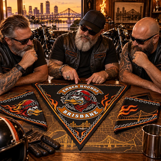 Worn triangle showing approved geographic text using a fold-aware layout with the authorized motorcycle club emblem kept visible in real use.