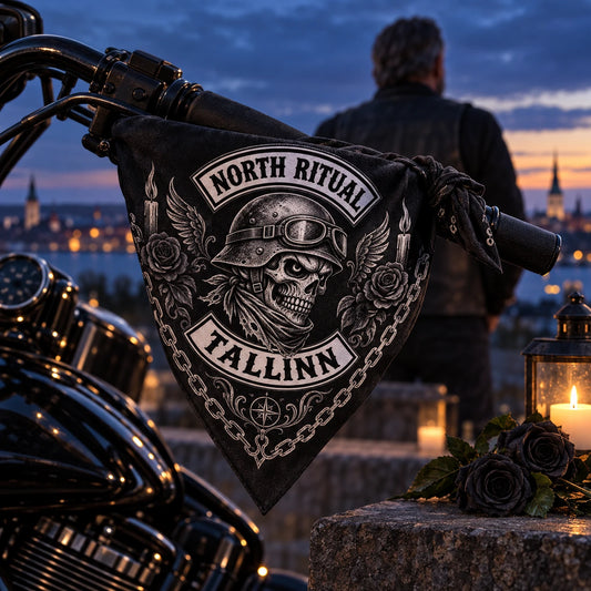 Respectful handlebar/neck display using a fold-aware layout with the authorized motorcycle club emblem kept visible in real use.