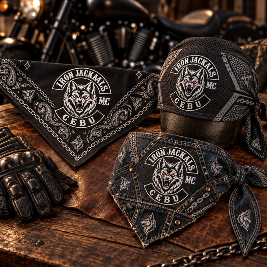 Three fabric constructions folded in different real-use forms using a fold-aware layout with the authorized motorcycle club emblem kept visible in real use.